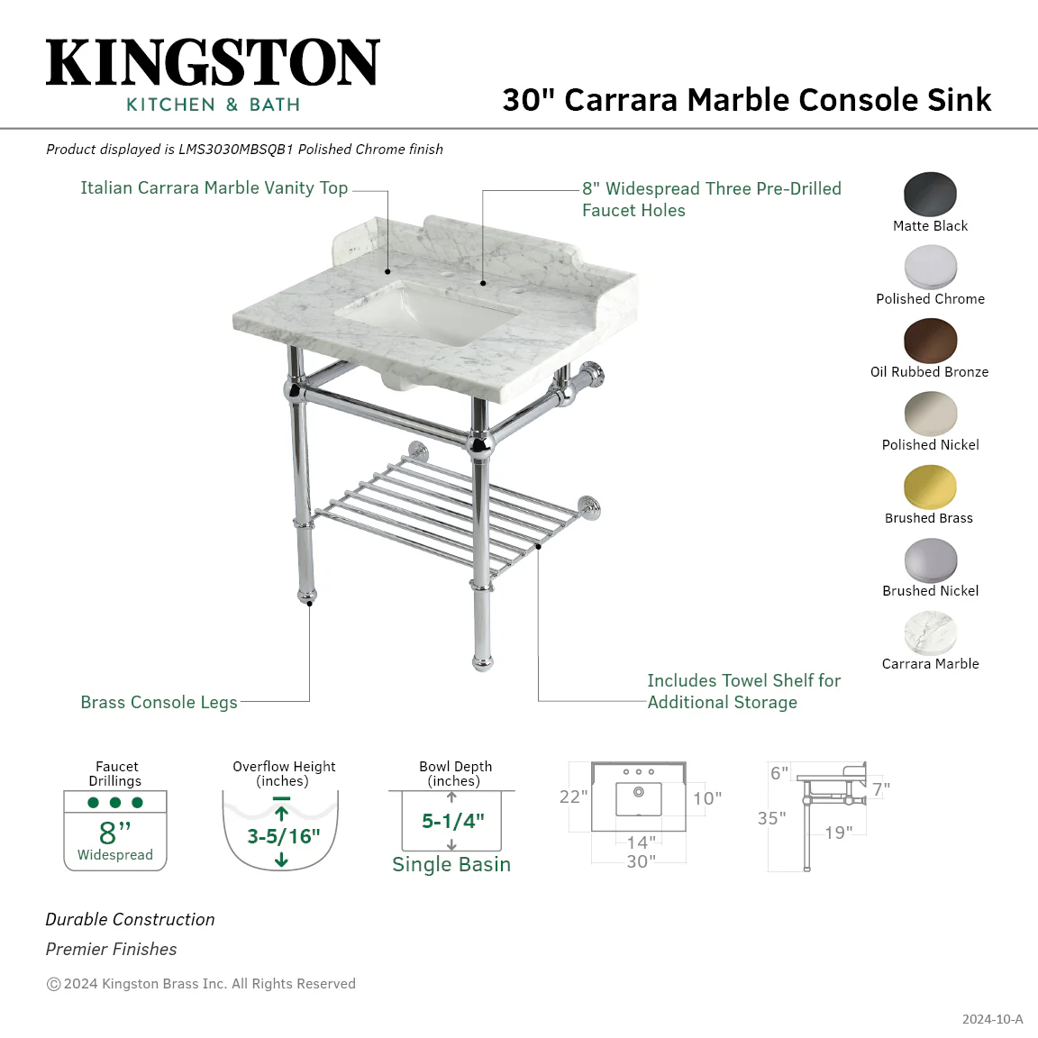 Kingston Heirloom LMS3030MBSQB6 - Pemberton 30-Inch Carrara Marble Console Sink with Brass Legs and Shelf (8-Inch, 3-Hole), Carrara Marble White/Polished Nickel - Image 2