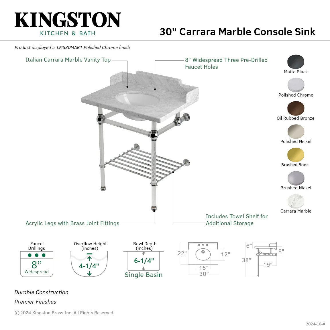 Kingston Tulare LMS30MAB5 - Pemberton 30-Inch Carrara Marble Console Sink with Acrylic Legs and Shelf (8-Inch, 3-Hole), Carrara Marble White/Oil Rubbed Bronze - Image 2