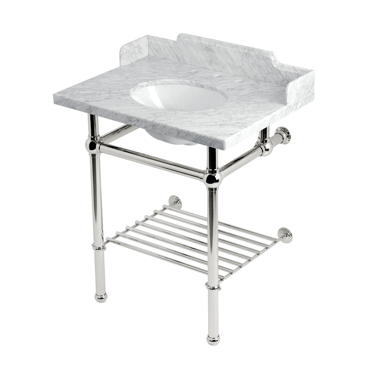 Kingston Heirloom LMS30MBB6 - Pemberton 30-Inch Carrara Marble Console Sink with Brass Legs and Shelf (8-Inch, 3-Hole), Carrara Marble White/Polished Nickel