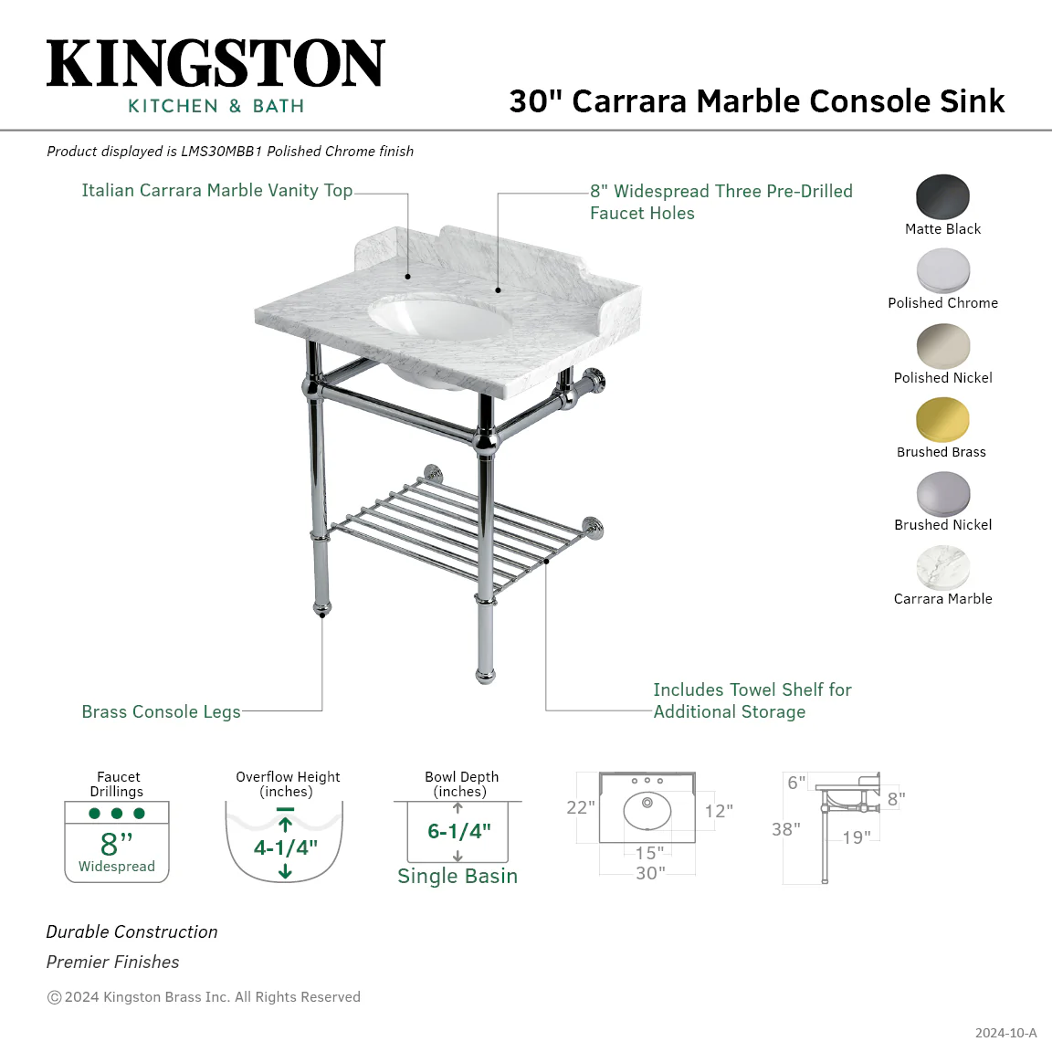 Kingston Heirloom LMS30MBB7 - Pemberton 30-Inch Carrara Marble Console Sink with Brass Legs and Shelf (8-Inch, 3-Hole), Carrara Marble White/Brushed Brass - Image 2