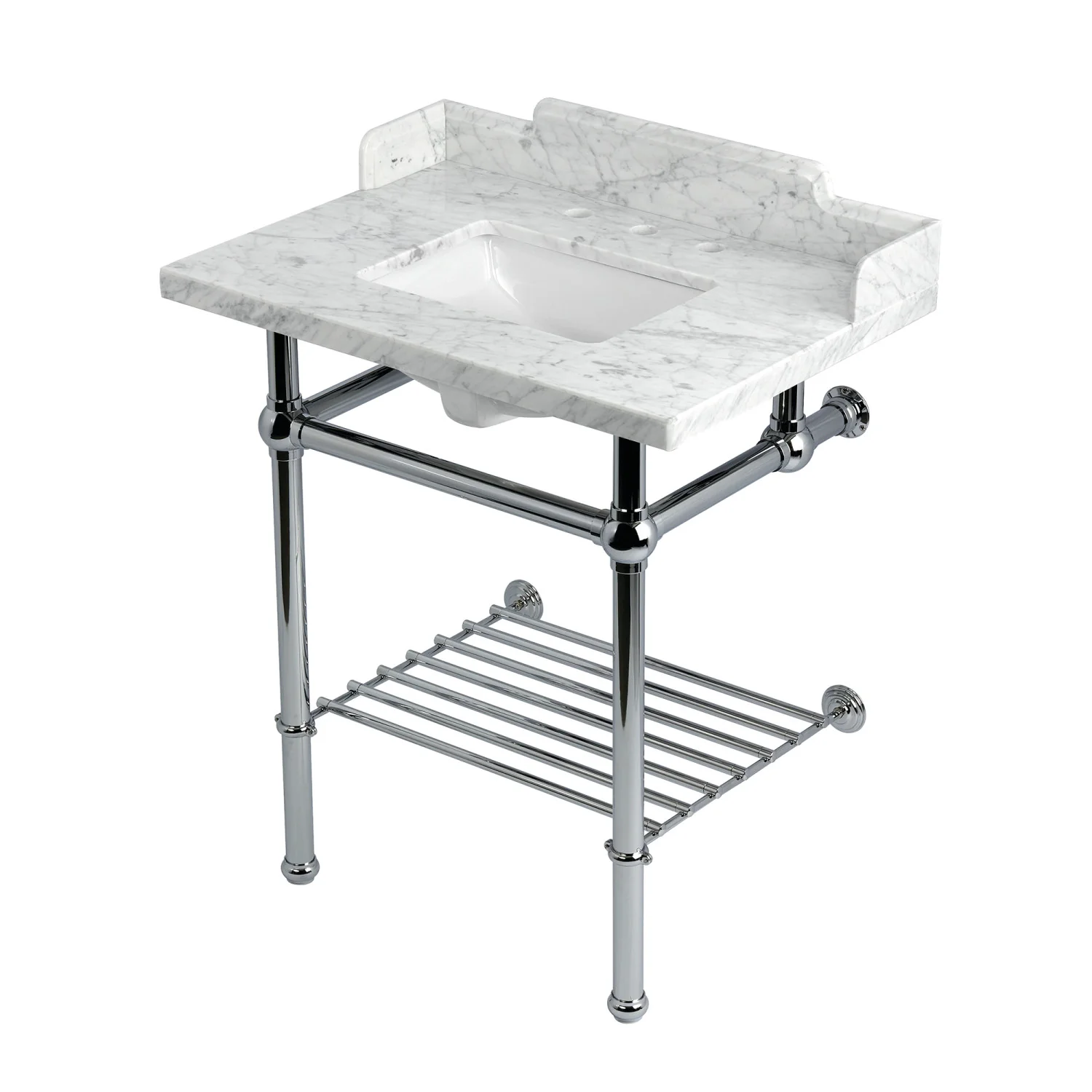 Kingston Heirloom LMS30MBSQB1 - Pemberton 30-Inch Carrara Marble Console Sink with Brass Legs and Shelf (8-Inch, 3-Hole), Carrara Marble White/Polished Chrome