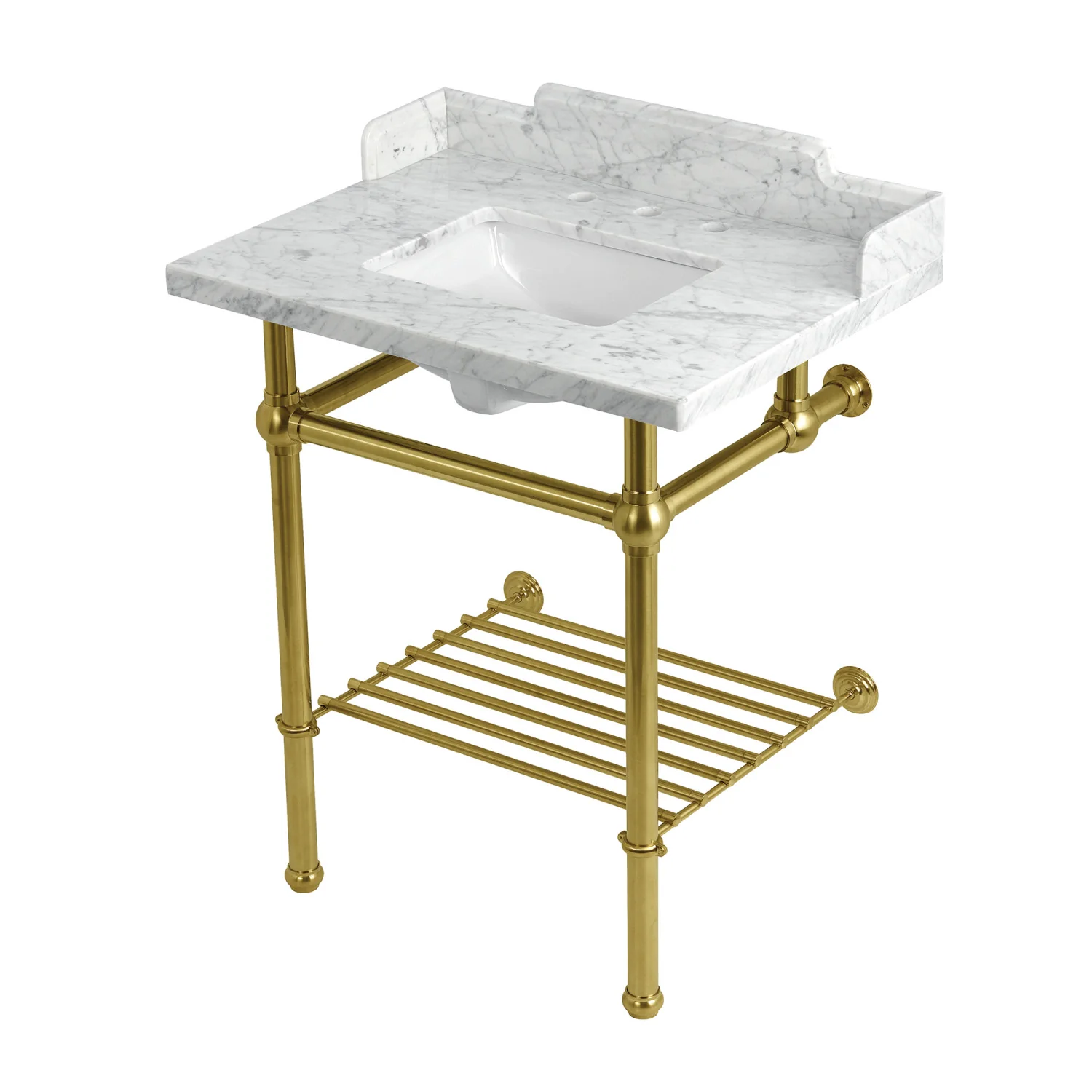 Kingston Heirloom LMS30MBSQB7 - Pemberton 30-Inch Carrara Marble Console Sink with Brass Legs and Shelf (8-Inch, 3-Hole), Carrara Marble White/Brushed Brass