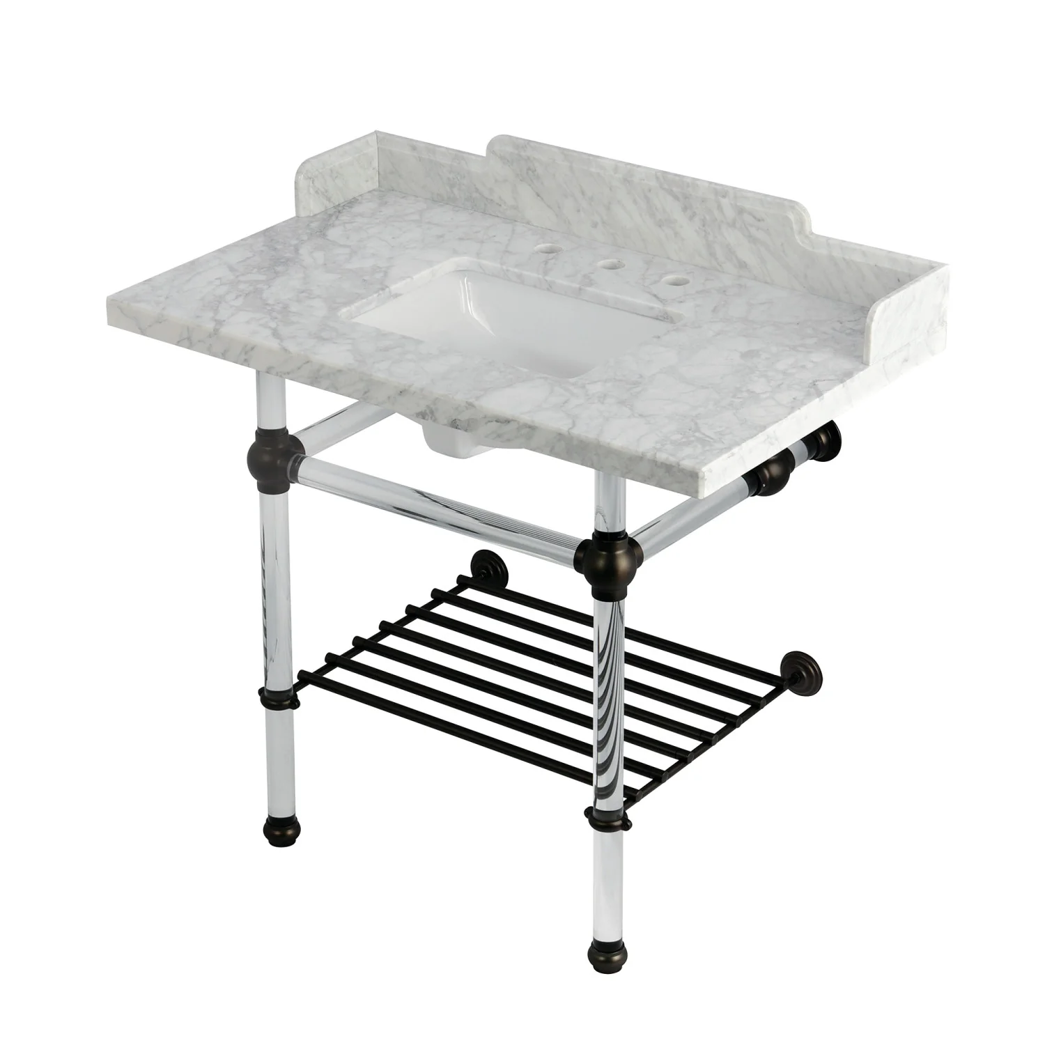 Kingston Tulare LMS3630MASQB5 - Pemberton 36-Inch Carrara Marble Console Sink with Acrylic Legs and Shelf (8-Inch, 3-Hole), Carrara Marble White/Oil Rubbed Bronze