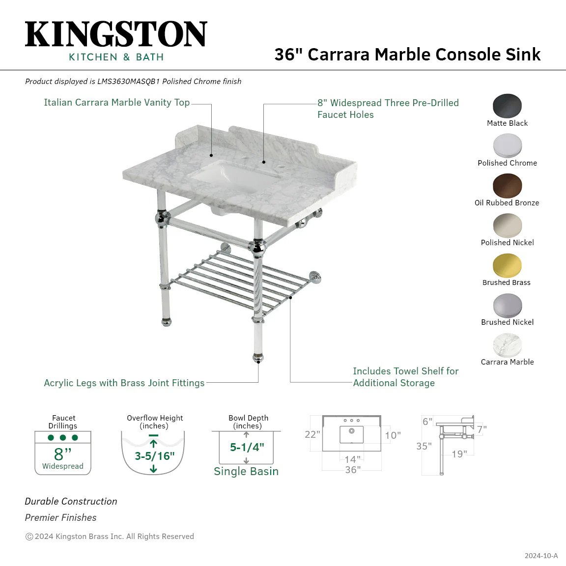 Kingston Tulare LMS3630MASQB5 - Pemberton 36-Inch Carrara Marble Console Sink with Acrylic Legs and Shelf (8-Inch, 3-Hole), Carrara Marble White/Oil Rubbed Bronze - Image 2