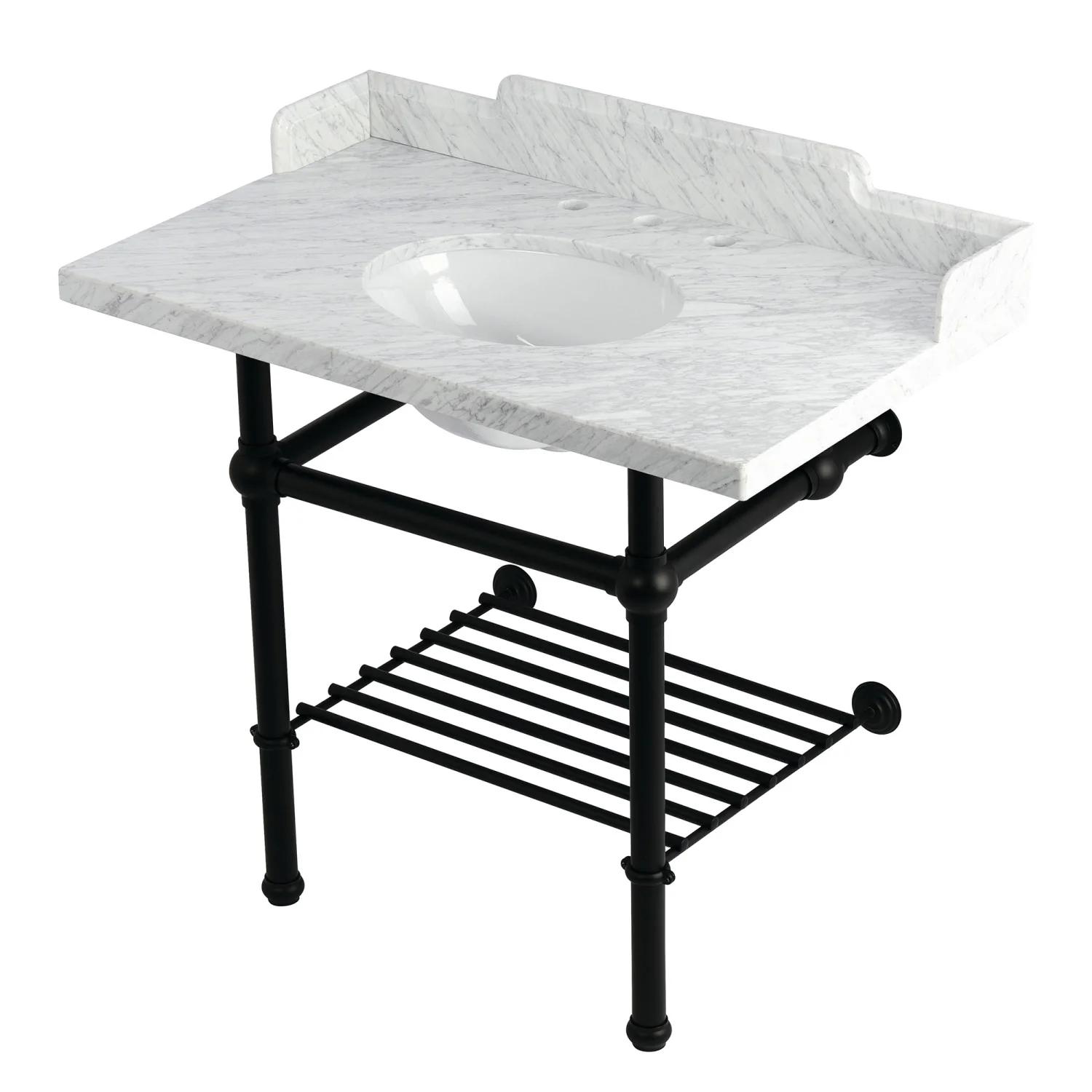Kingston Heirloom LMS3630MBB0 - Pemberton 36-Inch Carrara Marble Console Sink with Brass Legs and Shelf (8-Inch, 3-Hole), Carrara Marble White/Matte Black