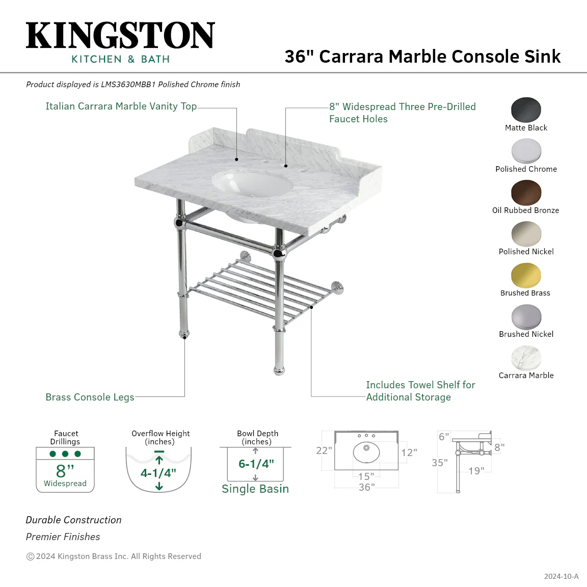 Kingston Heirloom LMS3630MBB6 - Pemberton 36-Inch Carrara Marble Console Sink with Brass Legs and Shelf (8-Inch, 3-Hole), Carrara Marble White/Polished Nickel - Image 2