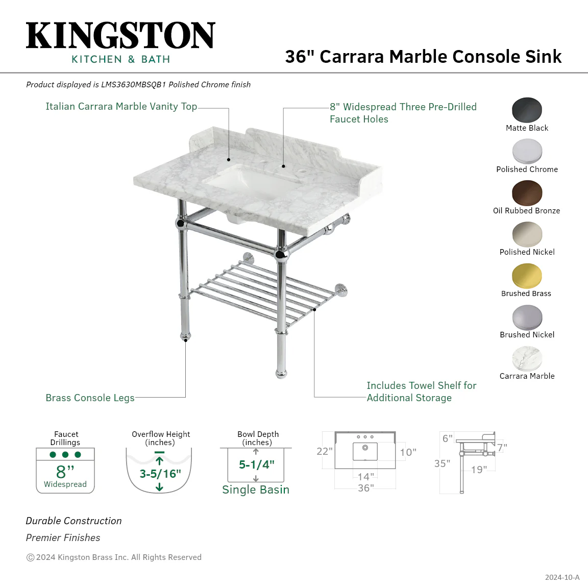 Kingston Heirloom LMS3630MBSQB5 - Pemberton 36-Inch Carrara Marble Console Sink with Brass Legs and Shelf (8-Inch, 3-Hole), Carrara Marble White/Oil Rubbed Bronze - Image 2