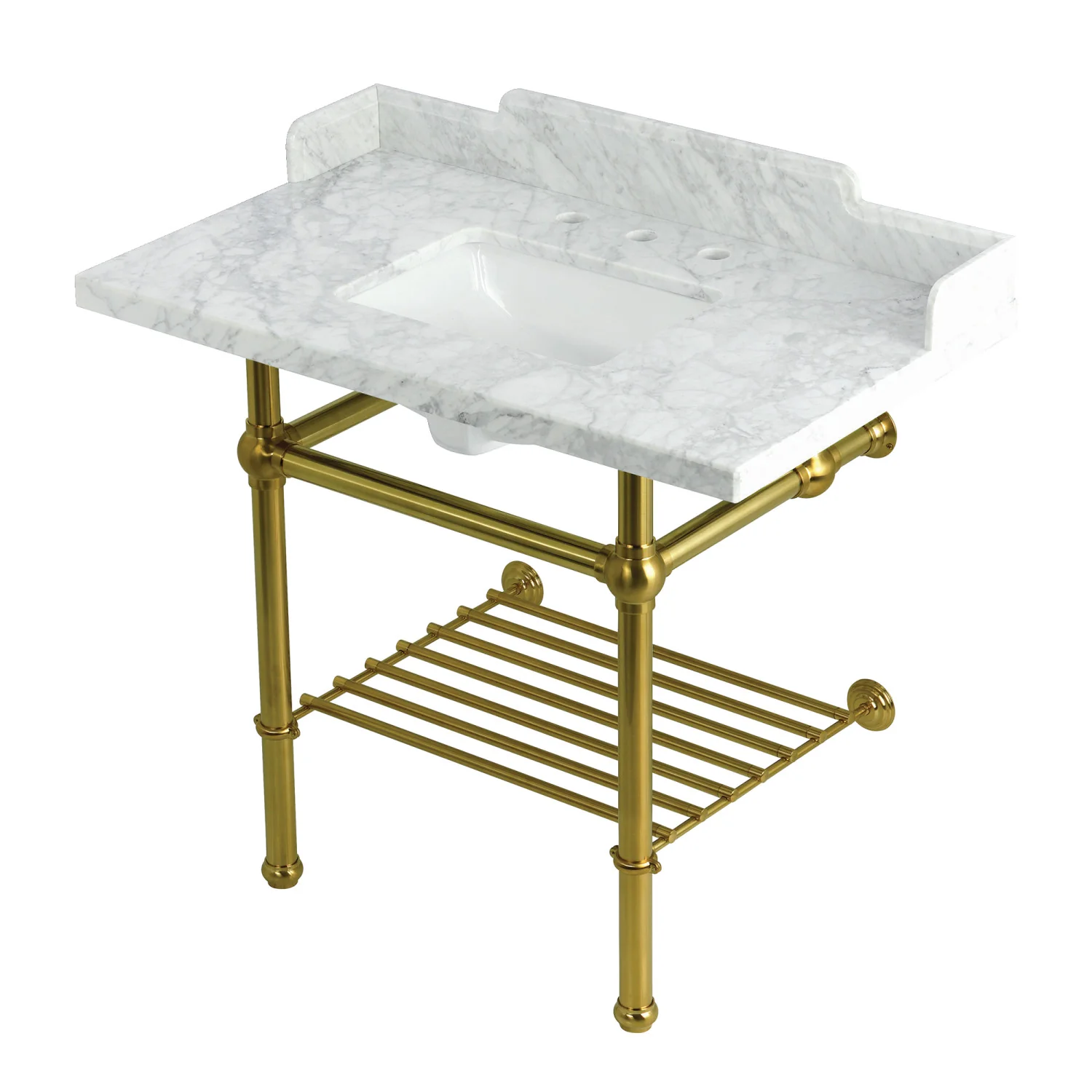 Kingston Heirloom LMS3630MBSQB7 - Pemberton 36-Inch Carrara Marble Console Sink with Brass Legs and Shelf (8-Inch, 3-Hole), Carrara Marble White/Brushed Brass