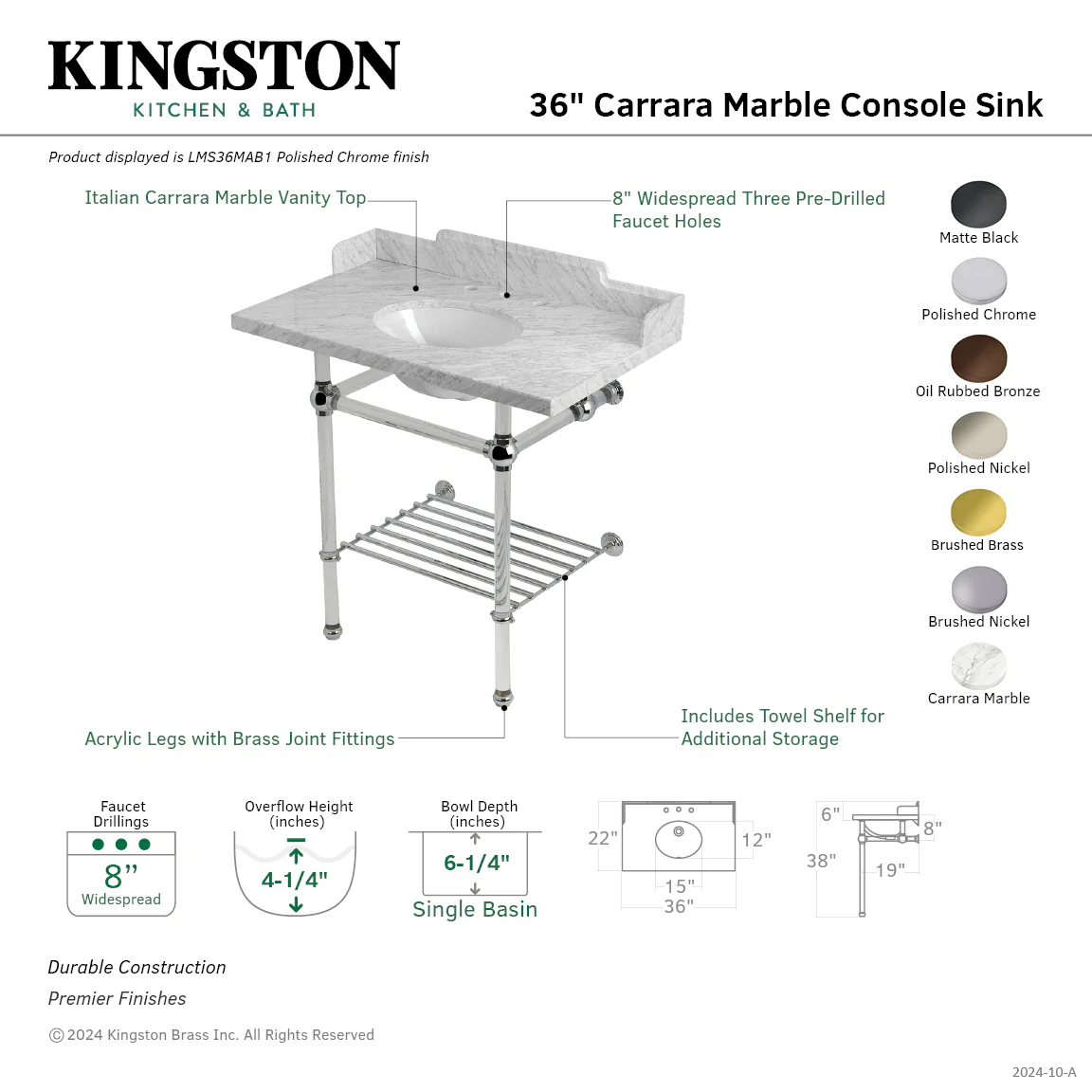 Kingston Tulare LMS36MAB8 - Pemberton 36-Inch Carrara Marble Console Sink with Acrylic Legs and Shelf (8-Inch, 3-Hole), Carrara Marble White/Brushed Nickel - Image 2