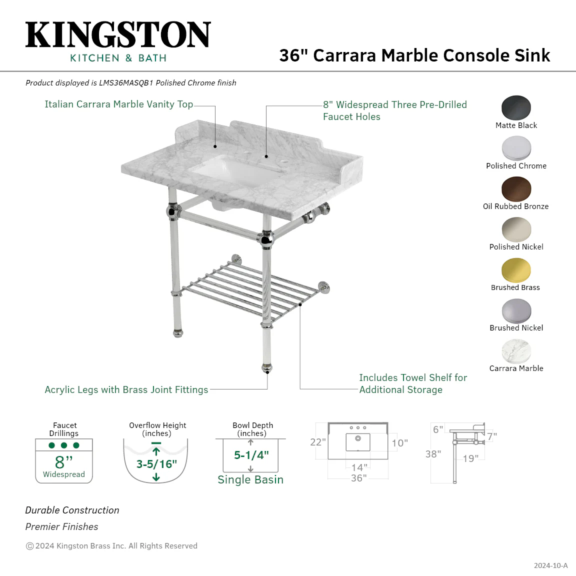Kingston Tulare LMS36MASQB6 - Pemberton 36-Inch Carrara Marble Console Sink with Acrylic Legs and Shelf (8-Inch, 3-Hole), Carrara Marble White/Polished Nickel - Image 2