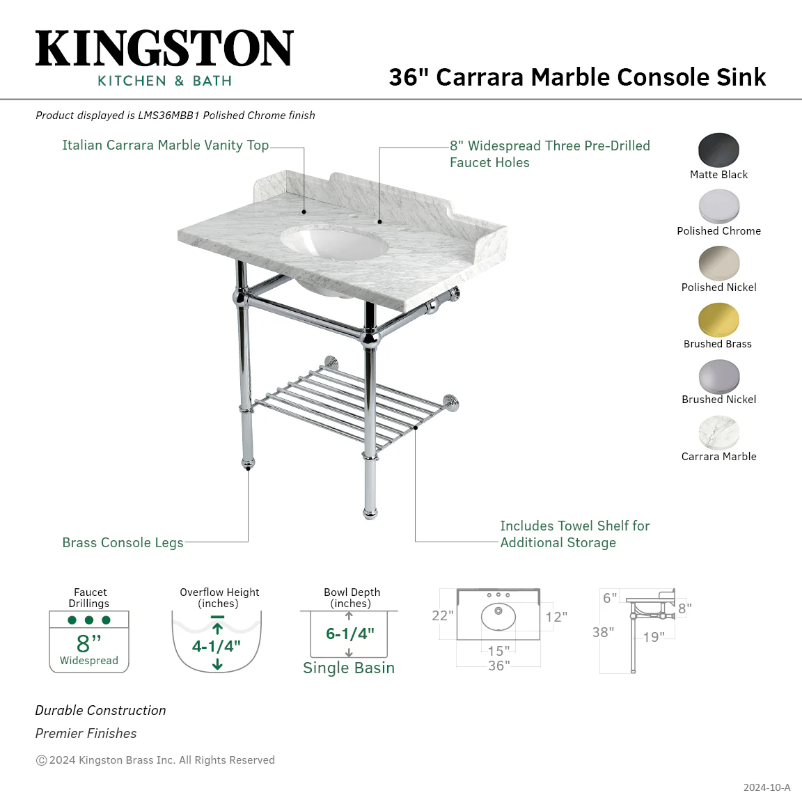 Kingston Heirloom LMS36MBB0 - Pemberton 36-Inch Carrara Marble Console Sink with Brass Legs and Shelf (8-Inch, 3-Hole), Carrara Marble White/Matte Black - Image 2