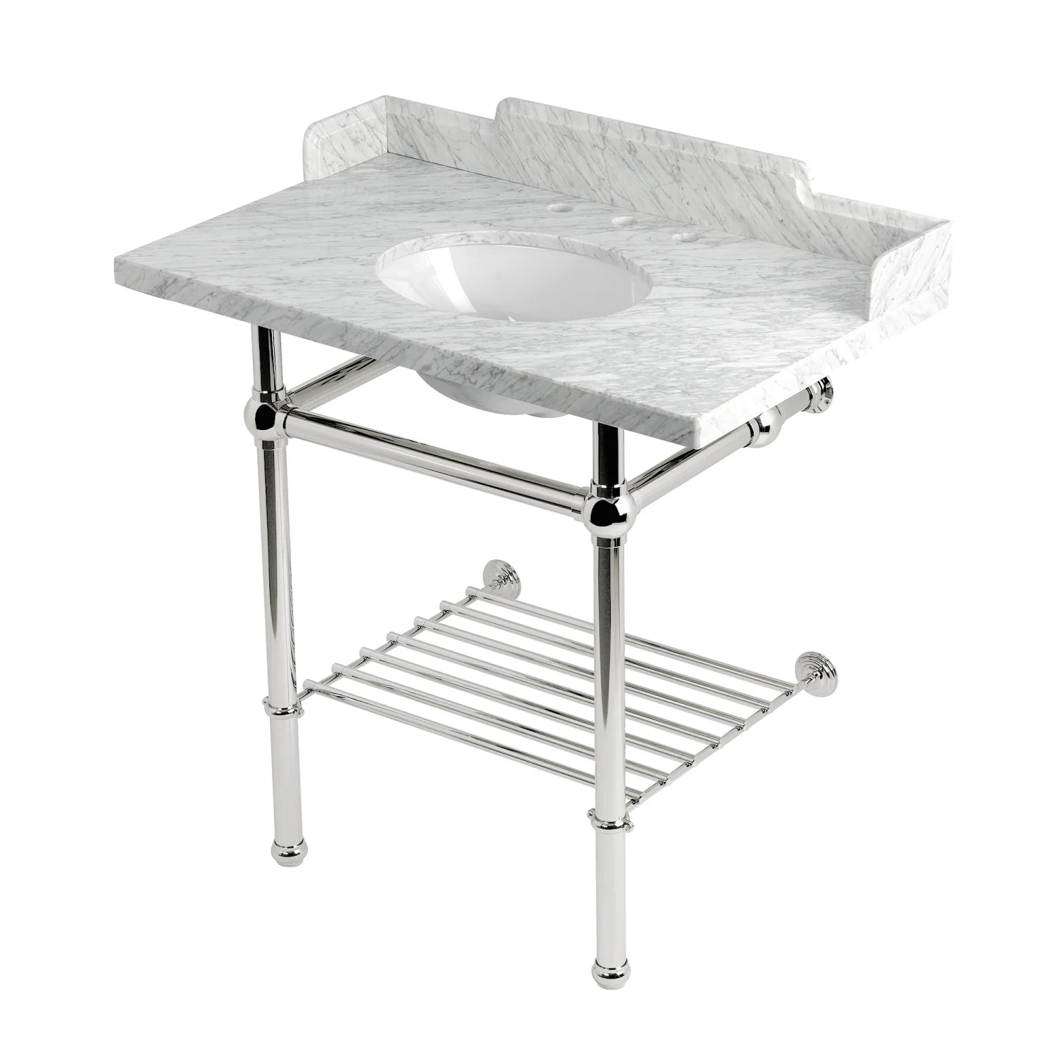 Kingston Heirloom LMS36MBB6 - Pemberton 36-Inch Carrara Marble Console Sink with Brass Legs and Shelf (8-Inch, 3-Hole), Carrara Marble White/Polished Nickel