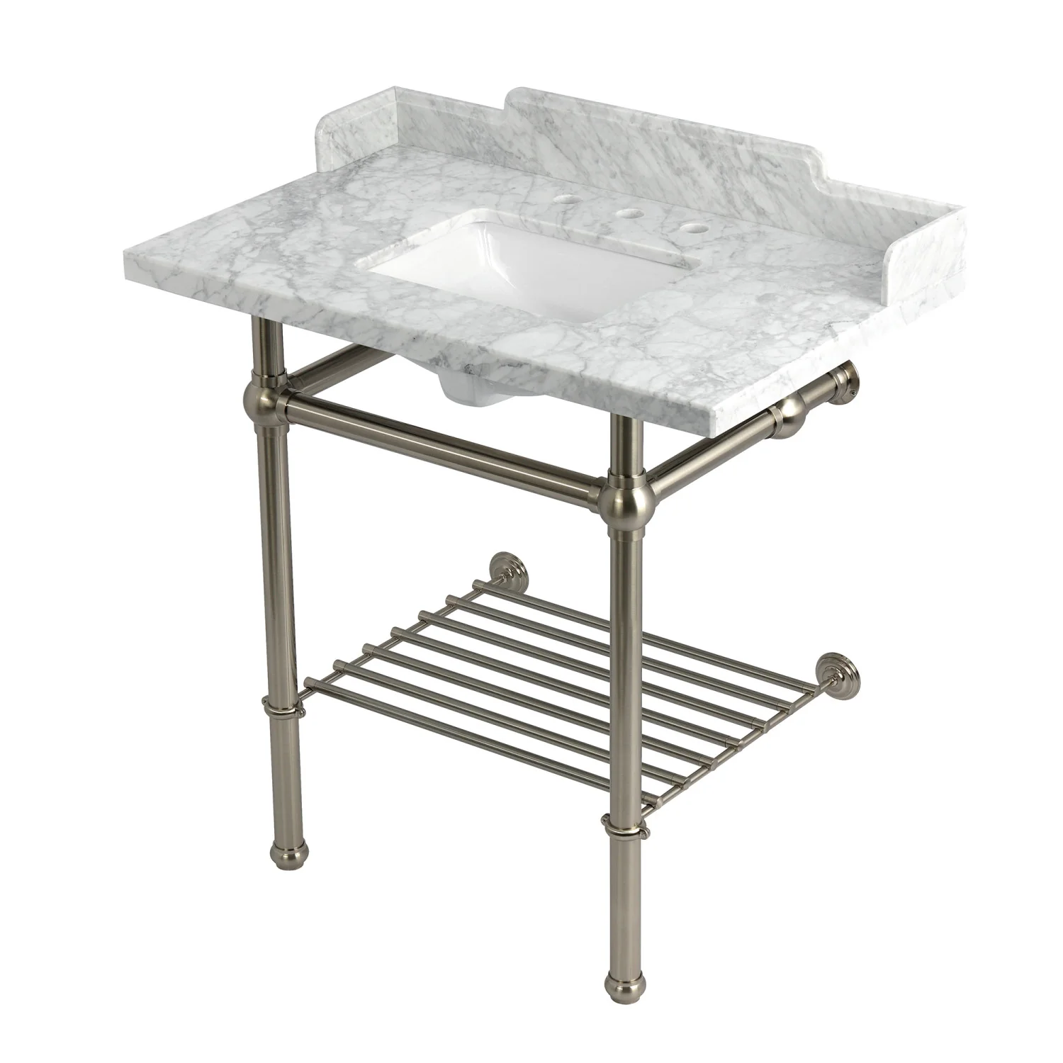 Kingston Heirloom LMS36MBSQB8 - Pemberton 36-Inch Carrara Marble Console Sink with Brass Legs and Shelf (8-Inch, 3-Hole), Carrara Marble White/Brushed Nickel