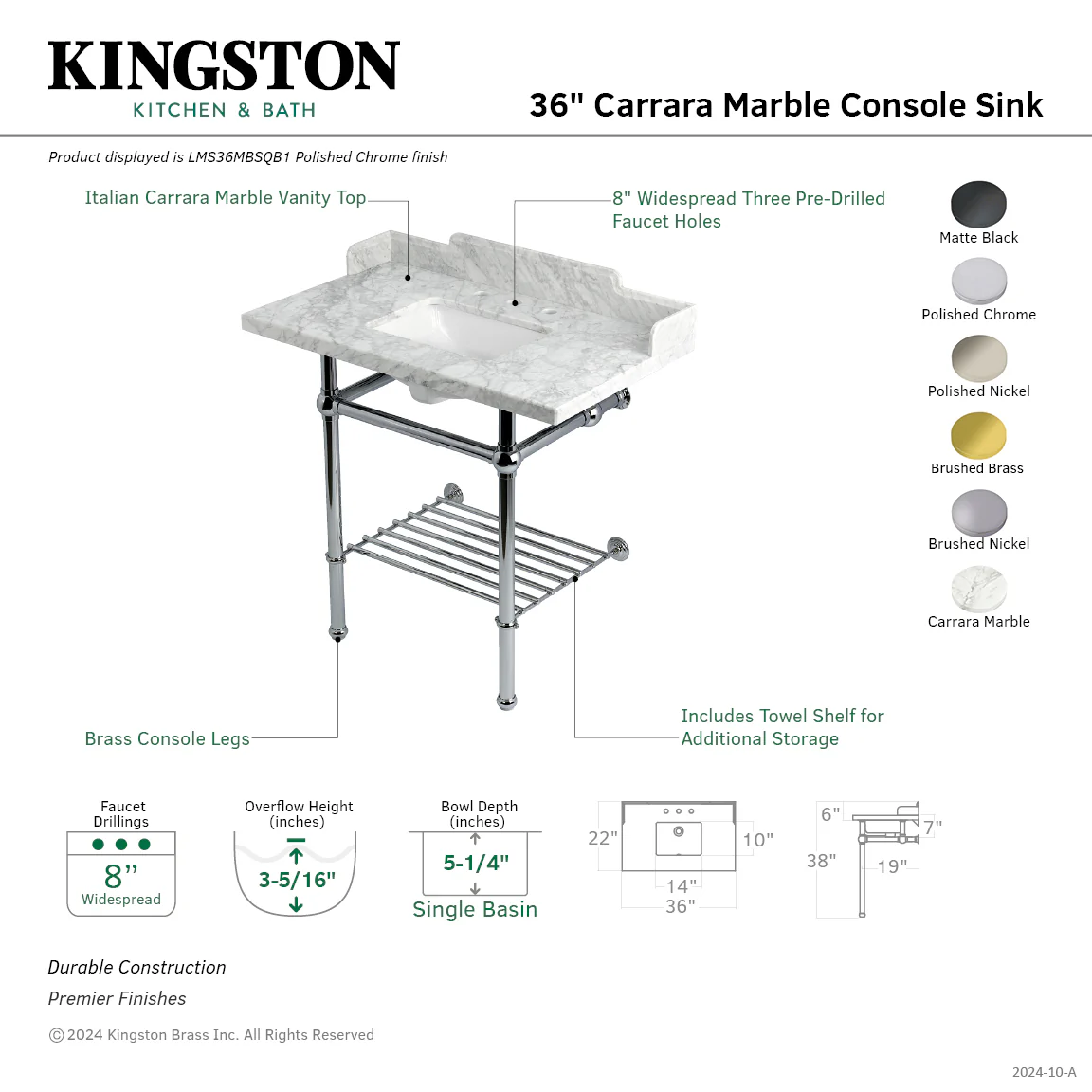 Kingston Heirloom LMS36MBSQB8 - Pemberton 36-Inch Carrara Marble Console Sink with Brass Legs and Shelf (8-Inch, 3-Hole), Carrara Marble White/Brushed Nickel - Image 2