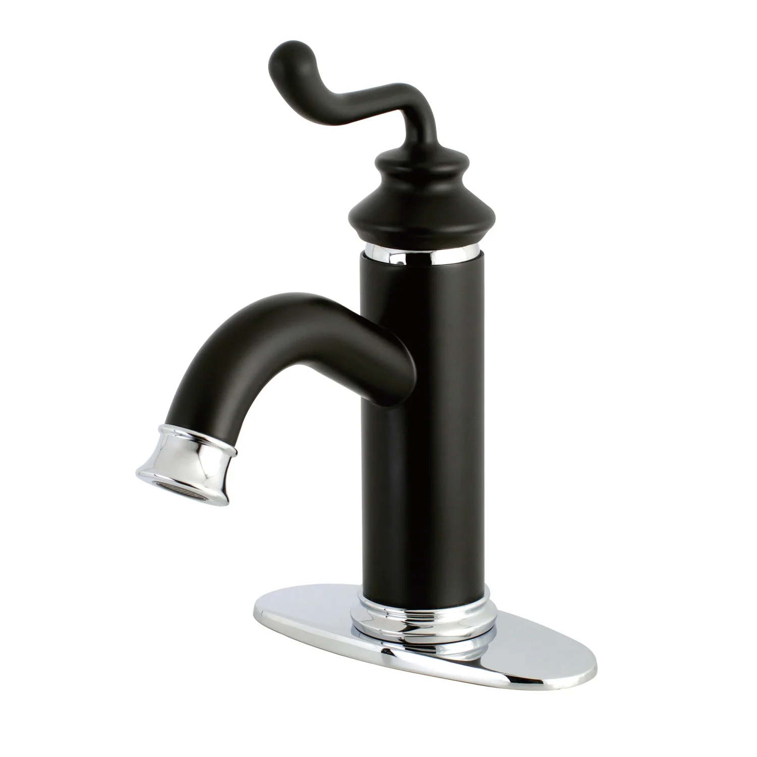 Kingston Heirloom LS5417RL - Royale One-Handle 1-Hole Bathroom Faucet with Deck Plate and Push Pop-Up Drain, Matte Black/Polished Chrome