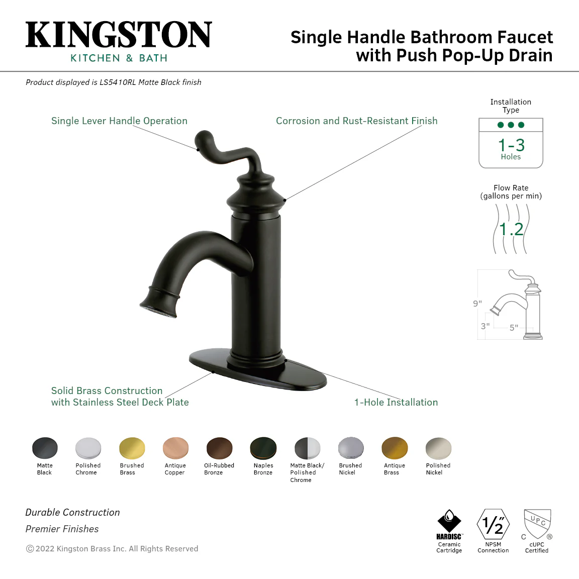 Kingston Heirloom LS5417RL - Royale One-Handle 1-Hole Bathroom Faucet with Deck Plate and Push Pop-Up Drain, Matte Black/Polished Chrome - Image 11