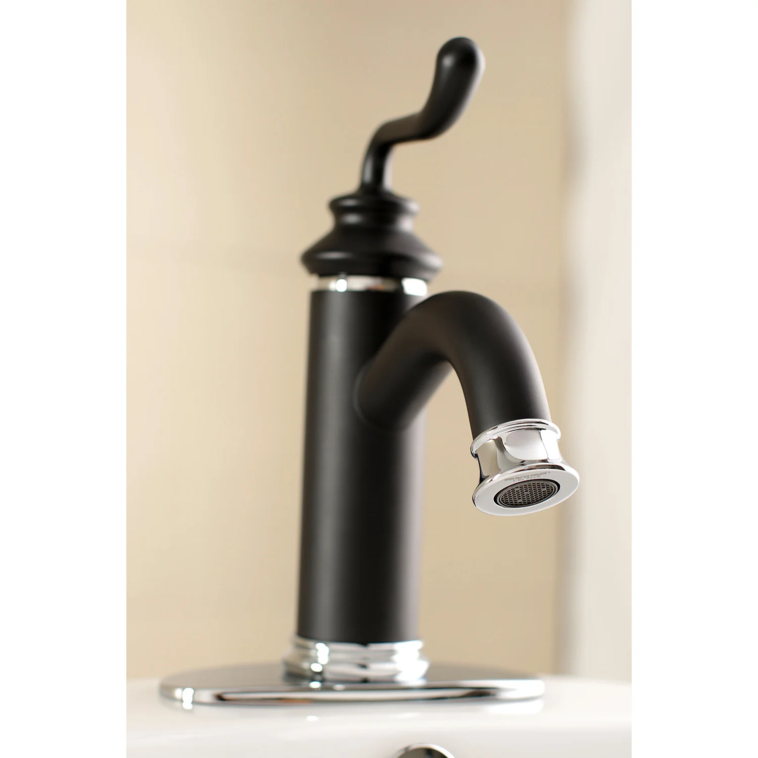 Kingston Heirloom LS5417RL - Royale One-Handle 1-Hole Bathroom Faucet with Deck Plate and Push Pop-Up Drain, Matte Black/Polished Chrome - Image 4