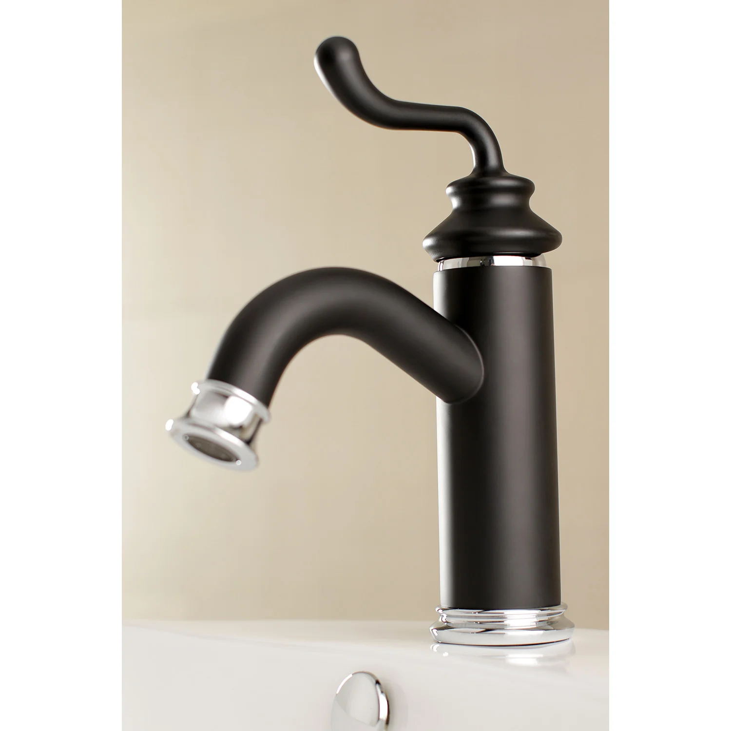Kingston Heirloom LS5417RL - Royale One-Handle 1-Hole Bathroom Faucet with Deck Plate and Push Pop-Up Drain, Matte Black/Polished Chrome - Image 6
