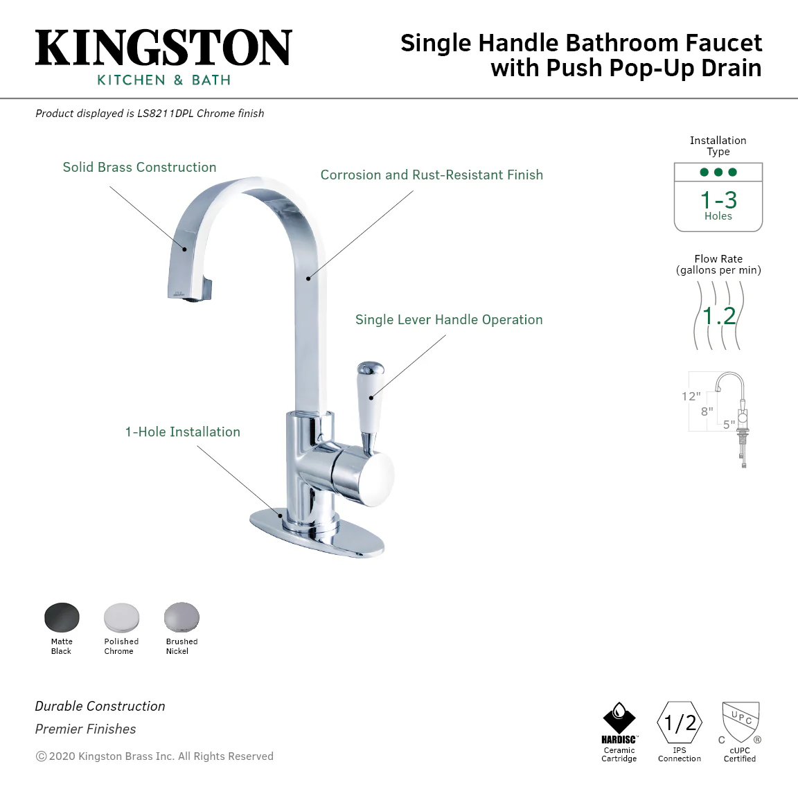 Kingston Tulare LS8218DPL - Paris One-Handle 1-Hole Bathroom Faucet with Deck Plate and Push Pop-Up Drain, Brushed Nickel - Image 3