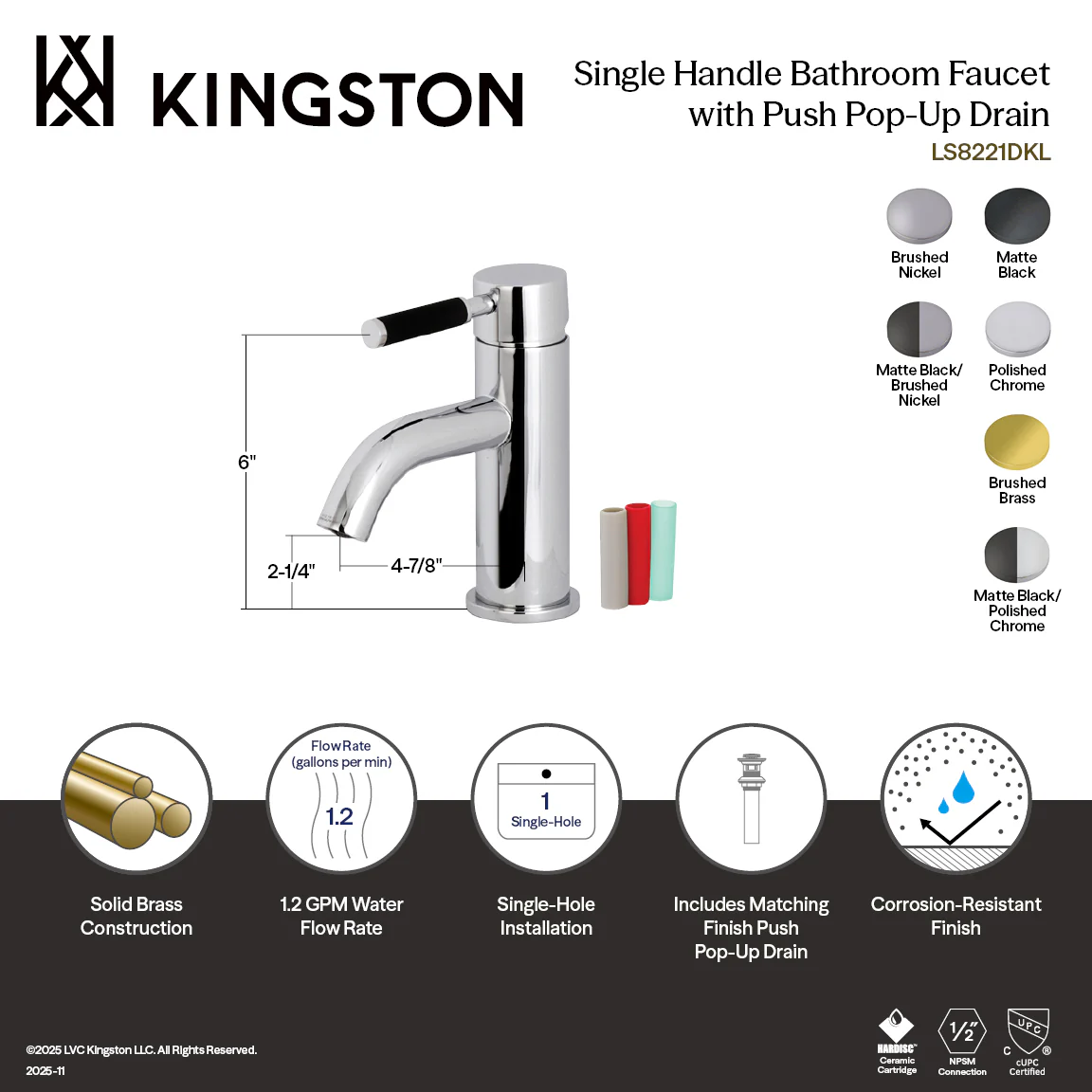 Kingston Sona LS8220DKL - Kaiser One-Handle 1-Hole Bathroom Faucet with Push Pop-Up Drain, Matte Black - Image 8