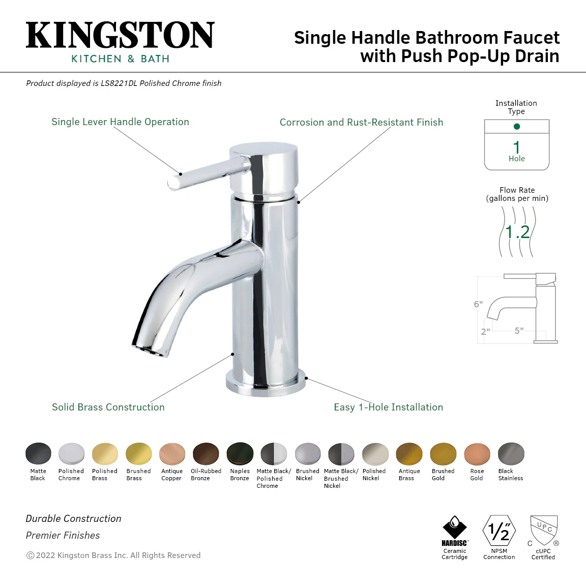 Kingston Sona LS8223DL - Concord One-Handle 1-Hole Bathroom Faucet with Push Pop-Up Drain, Brushed Brass - Image 9