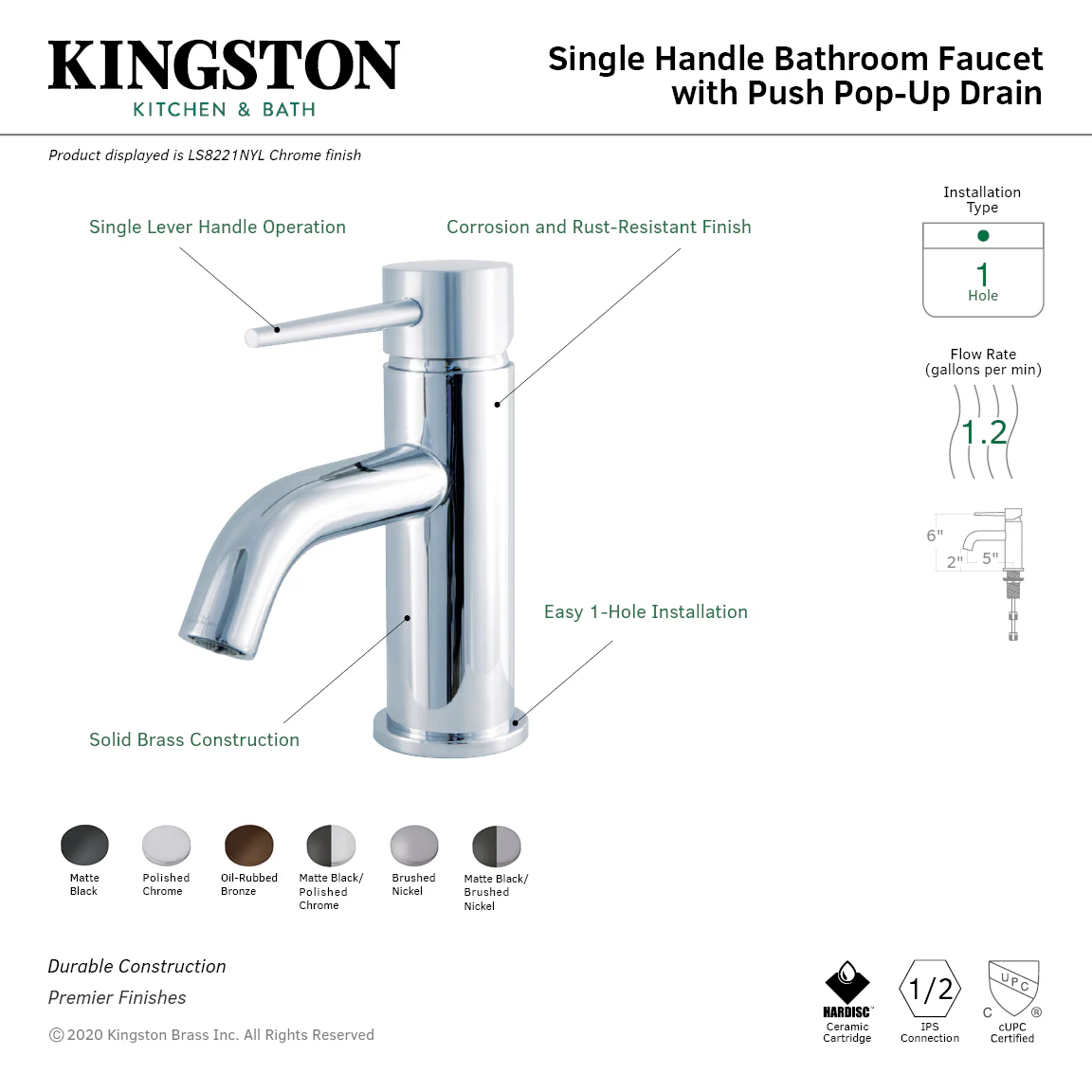 Kingston Sona LS8229NYL - New York One-Handle 1-Hole Bathroom Faucet with Push Pop-Up Drain, Matte Black/Brushed Nickel - Image 3