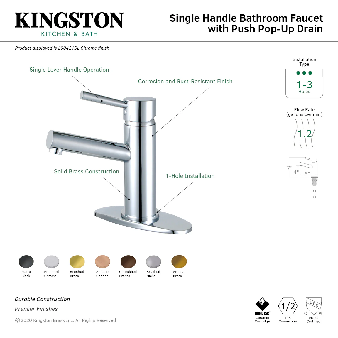 Kingston Sona LS8421DL - Concord One-Handle 1-Hole Bathroom Faucet with Deck Plate and Push Pop-Up Drain, Polished Chrome - Image 2