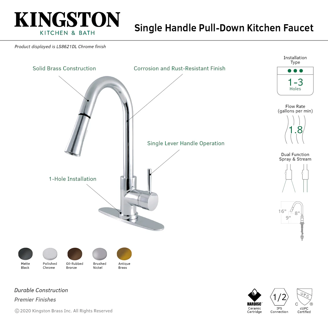 Kingston Sona LS8621DL - Concord Single-Handle Pull-Down Kitchen Faucet, Polished Chrome - Image 8
