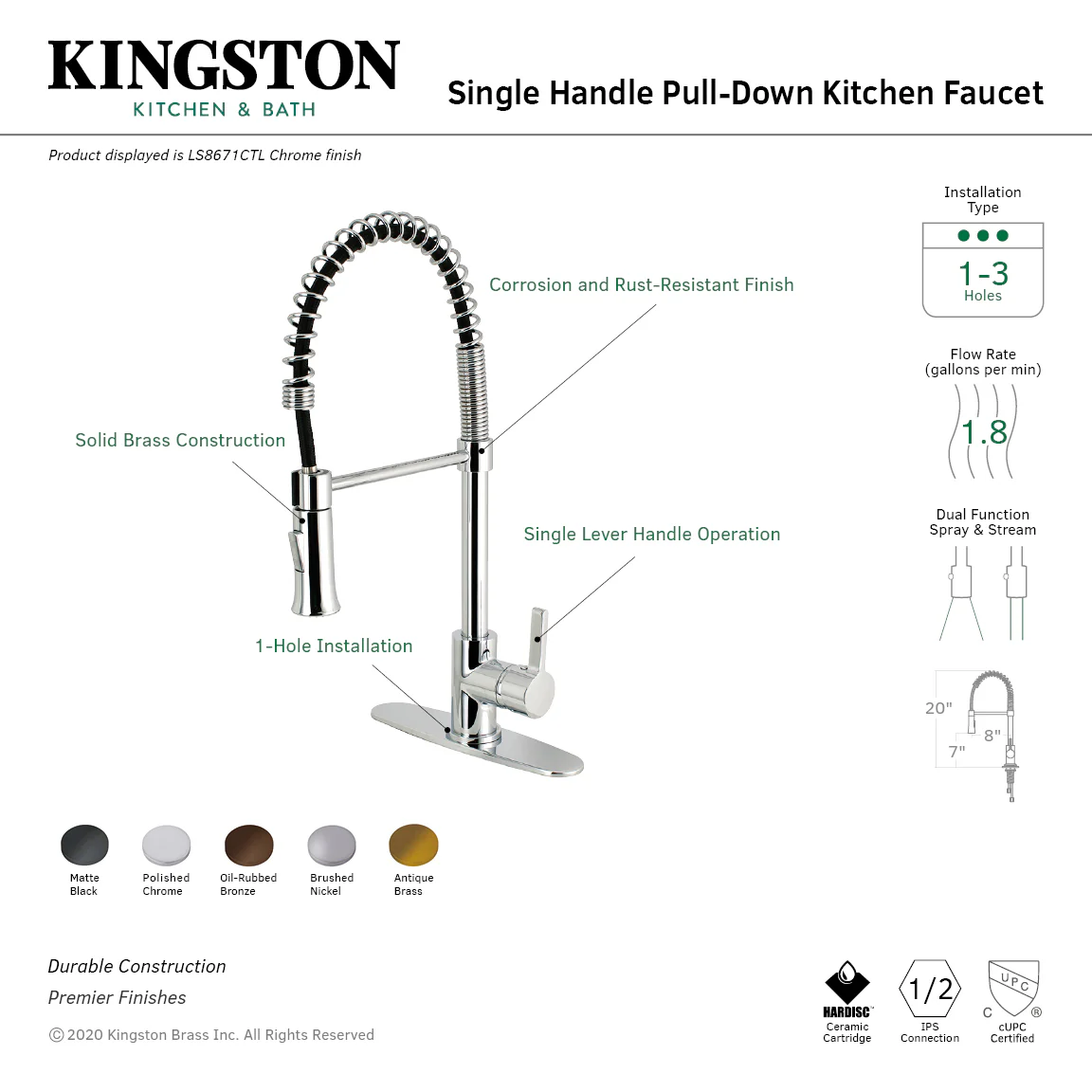 Kingston Sona LS8675CTL - Continental Single-Handle 1-Hole Deck Mount Pre-Rinse Kitchen Faucet, Oil Rubbed Bronze - Image 9
