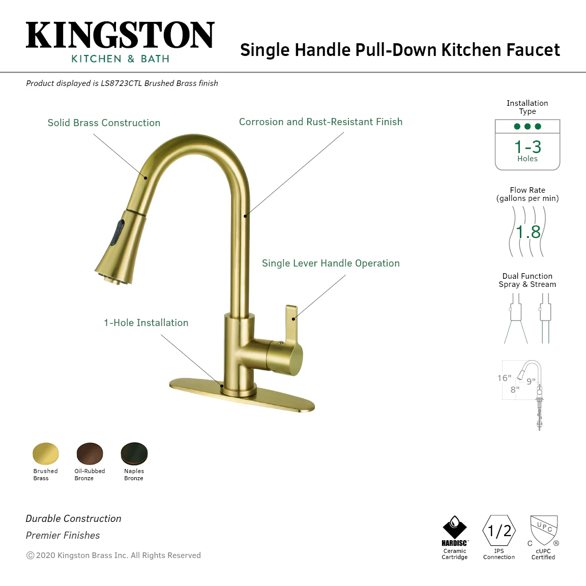 Kingston Tulare LS8725CTL - Continental Single-Handle Pull-Down Kitchen Faucet, Oil Rubbed Bronze - Image 7