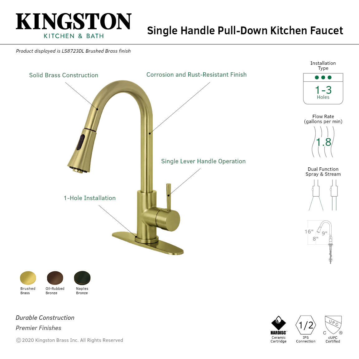Kingston Tulare LS8725DL - Concord Single-Handle Pull-Down Kitchen Faucet, Oil Rubbed Bronze - Image 8