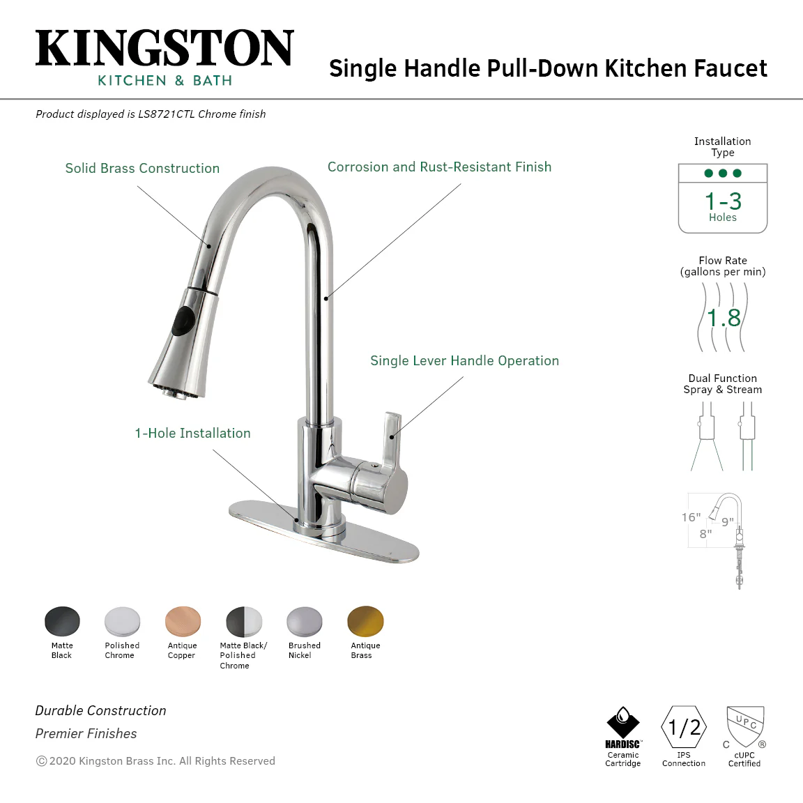 Kingston Tulare LS8727CTL - Continental Single-Handle Pull-Down Kitchen Faucet, Matte Black/Polished Chrome - Image 10