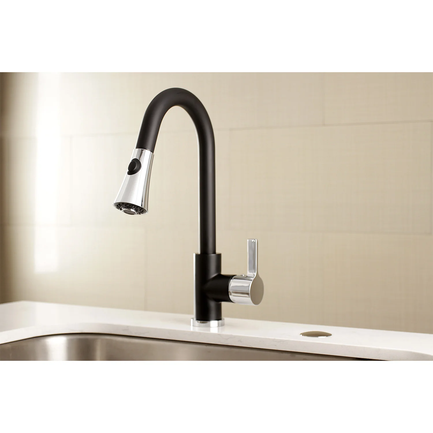 Kingston Tulare LS8727CTL - Continental Single-Handle Pull-Down Kitchen Faucet, Matte Black/Polished Chrome - Image 4