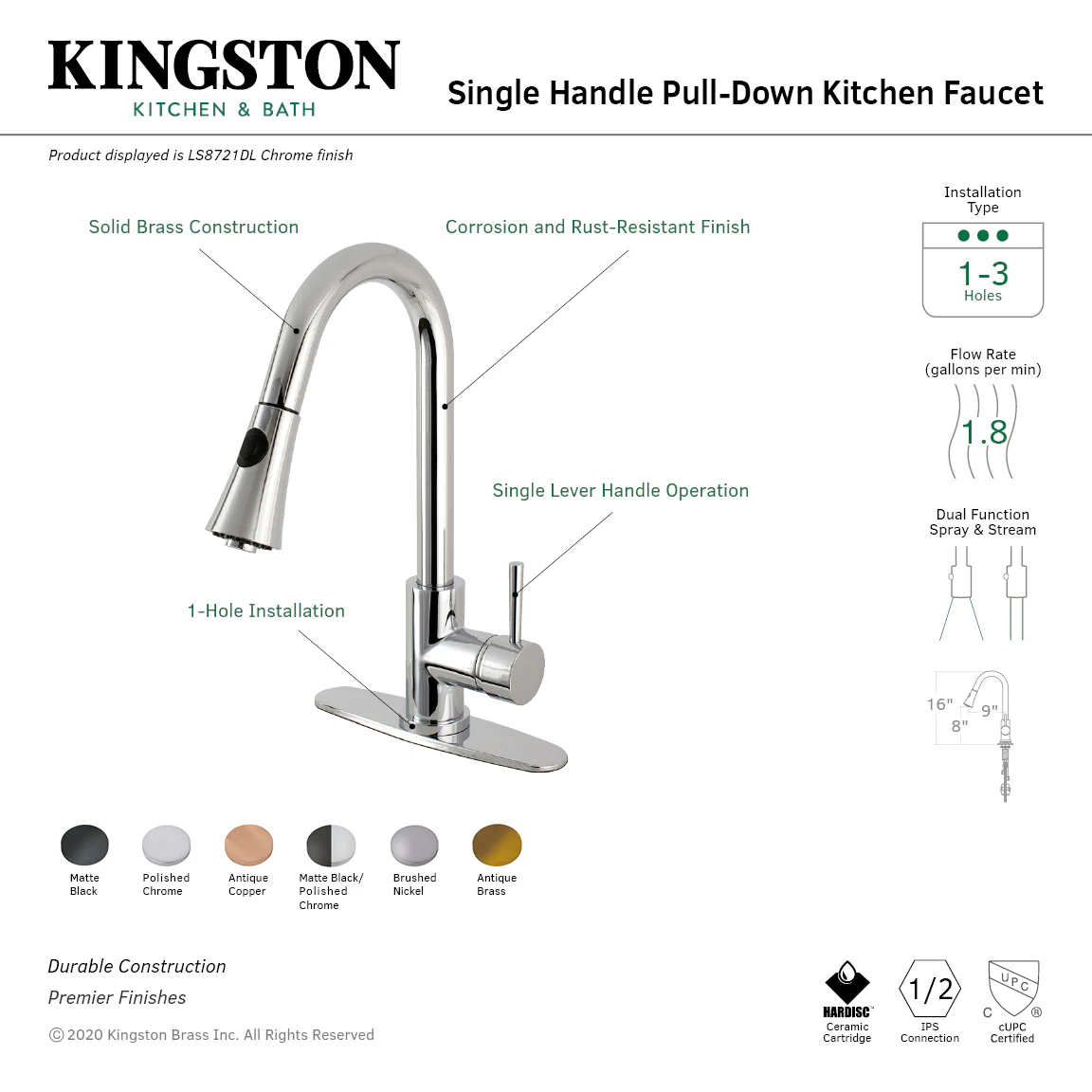 Kingston Tulare LS8727DL - Concord Single-Handle Pull-Down Kitchen Faucet, Matte Black/Polished Chrome - Image 6