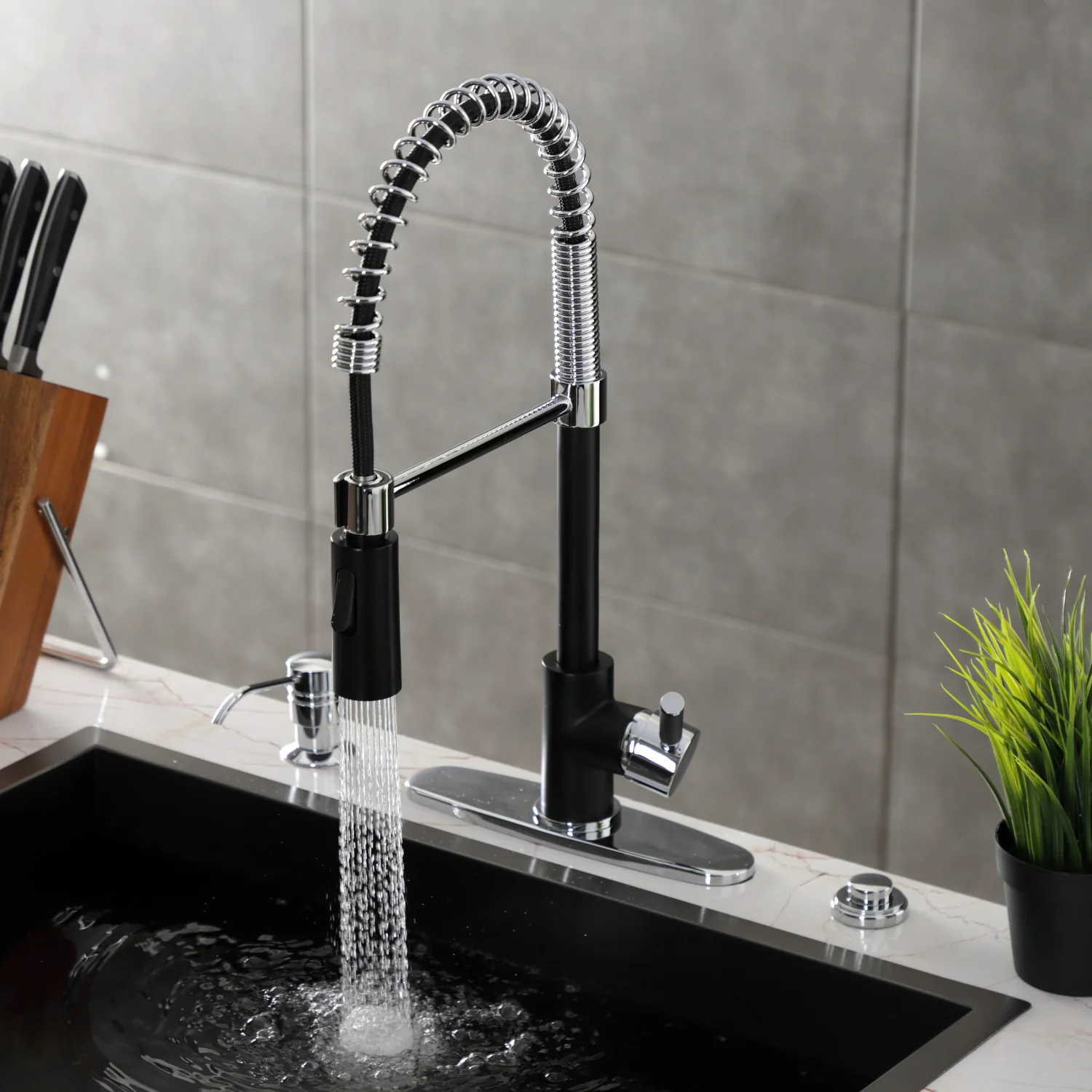 Kingston Sona LS8777DKL - Kaiser Single-Handle 1-Hole Deck Mount Pre-Rinse Kitchen Faucet, Matte Black/Polished Chrome - Image 10
