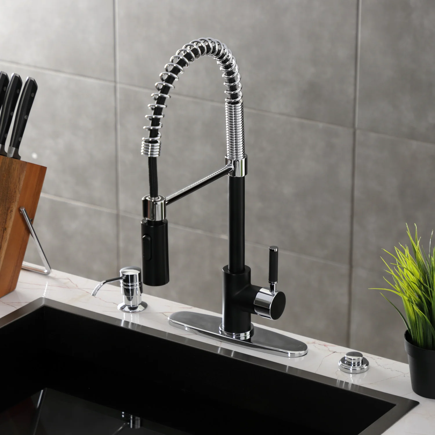 Kingston Sona LS8777DKL - Kaiser Single-Handle 1-Hole Deck Mount Pre-Rinse Kitchen Faucet, Matte Black/Polished Chrome - Image 2