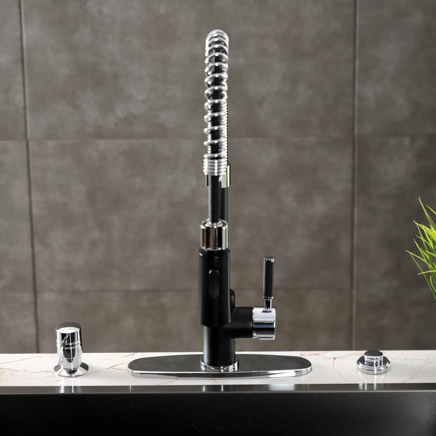 Kingston Sona LS8777DKL - Kaiser Single-Handle 1-Hole Deck Mount Pre-Rinse Kitchen Faucet, Matte Black/Polished Chrome - Image 3