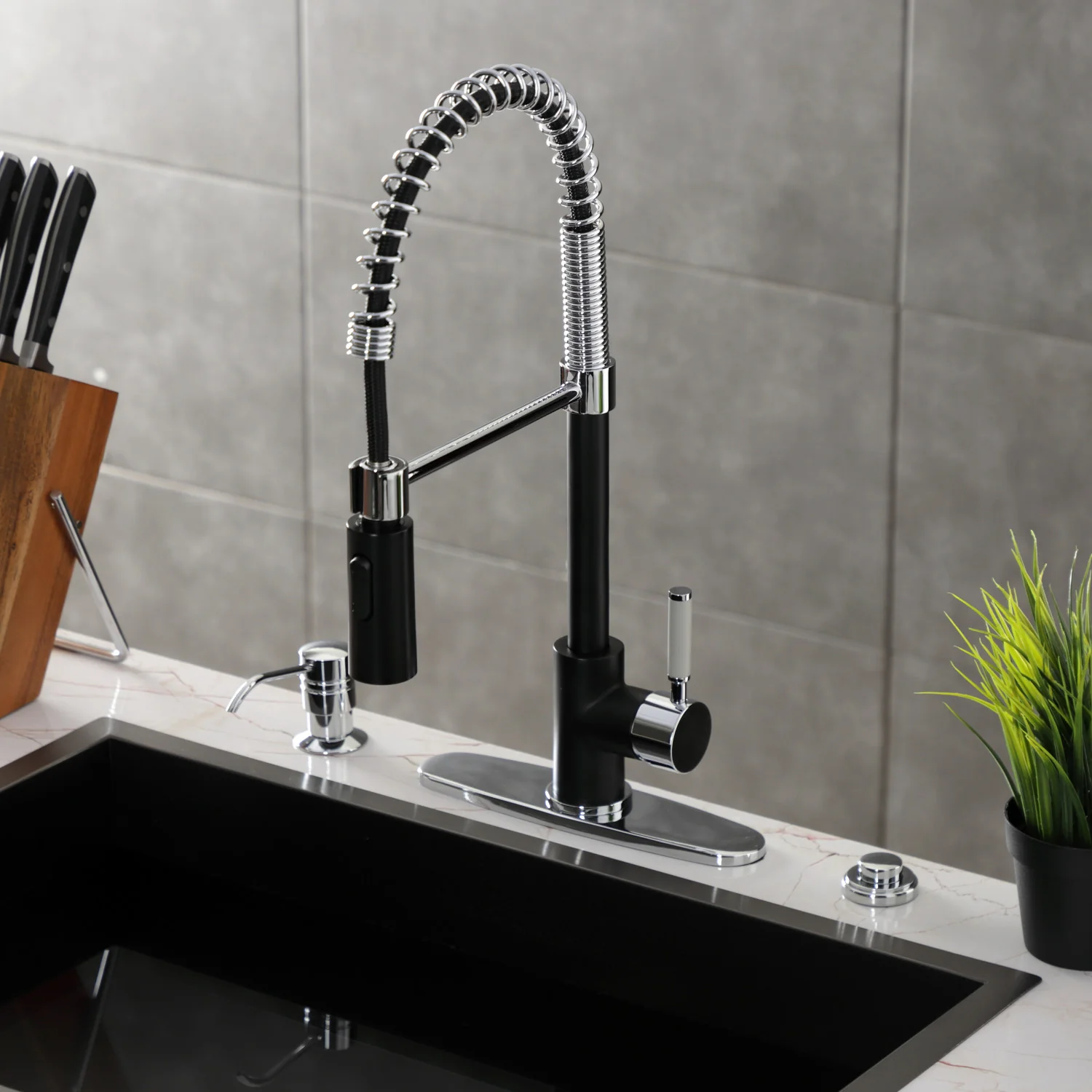 Kingston Sona LS8777DKL - Kaiser Single-Handle 1-Hole Deck Mount Pre-Rinse Kitchen Faucet, Matte Black/Polished Chrome - Image 5