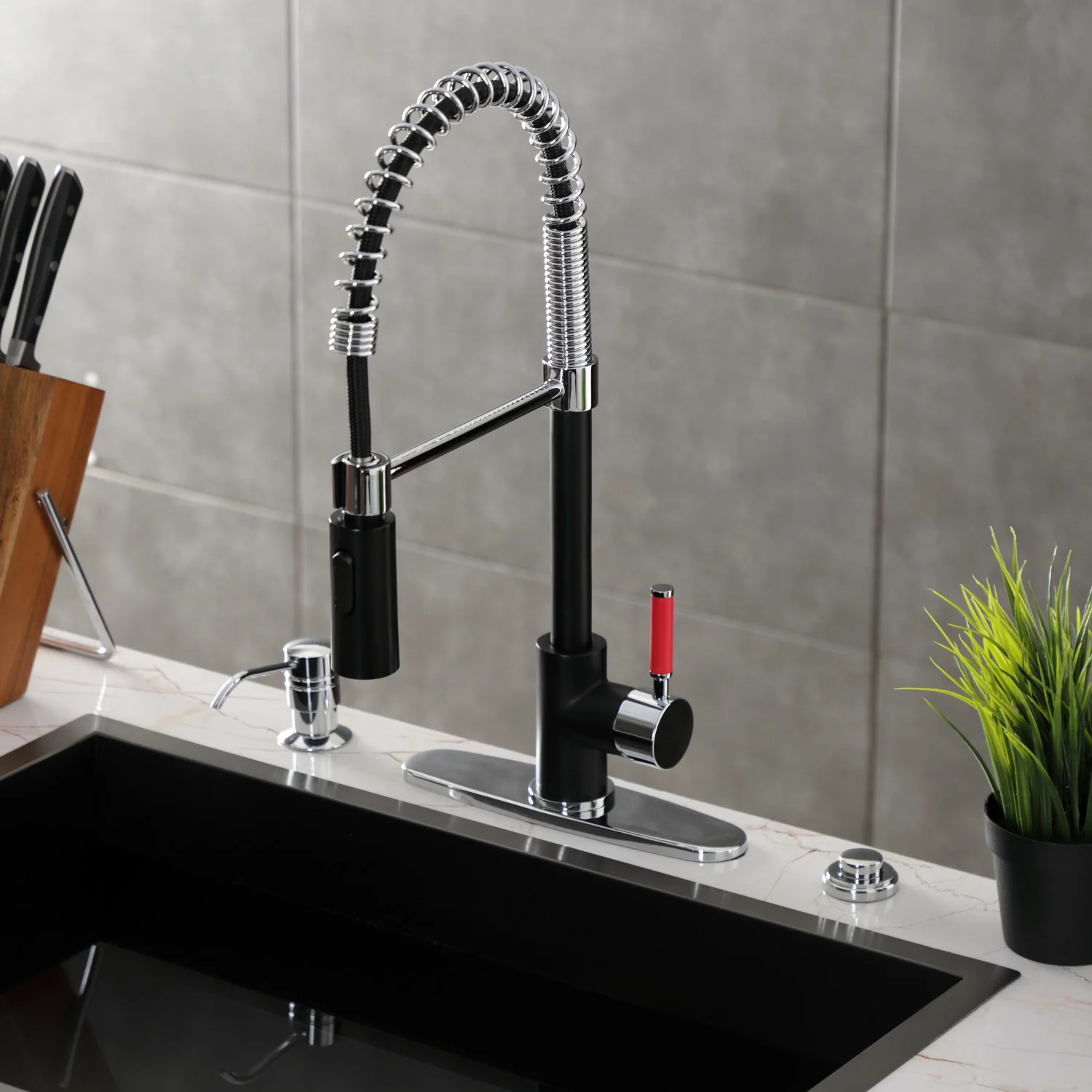 Kingston Sona LS8777DKL - Kaiser Single-Handle 1-Hole Deck Mount Pre-Rinse Kitchen Faucet, Matte Black/Polished Chrome - Image 6