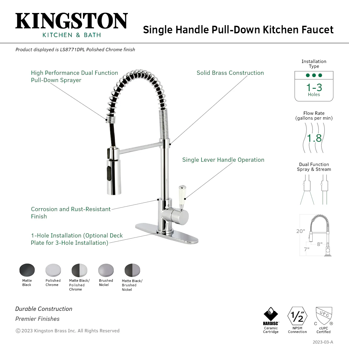 Kingston Tulare LS8777DPL - Paris Single-Handle 1-Hole Deck Mount Pre-Rinse Kitchen Faucet, Matte Black/Polished Chrome - Image 9