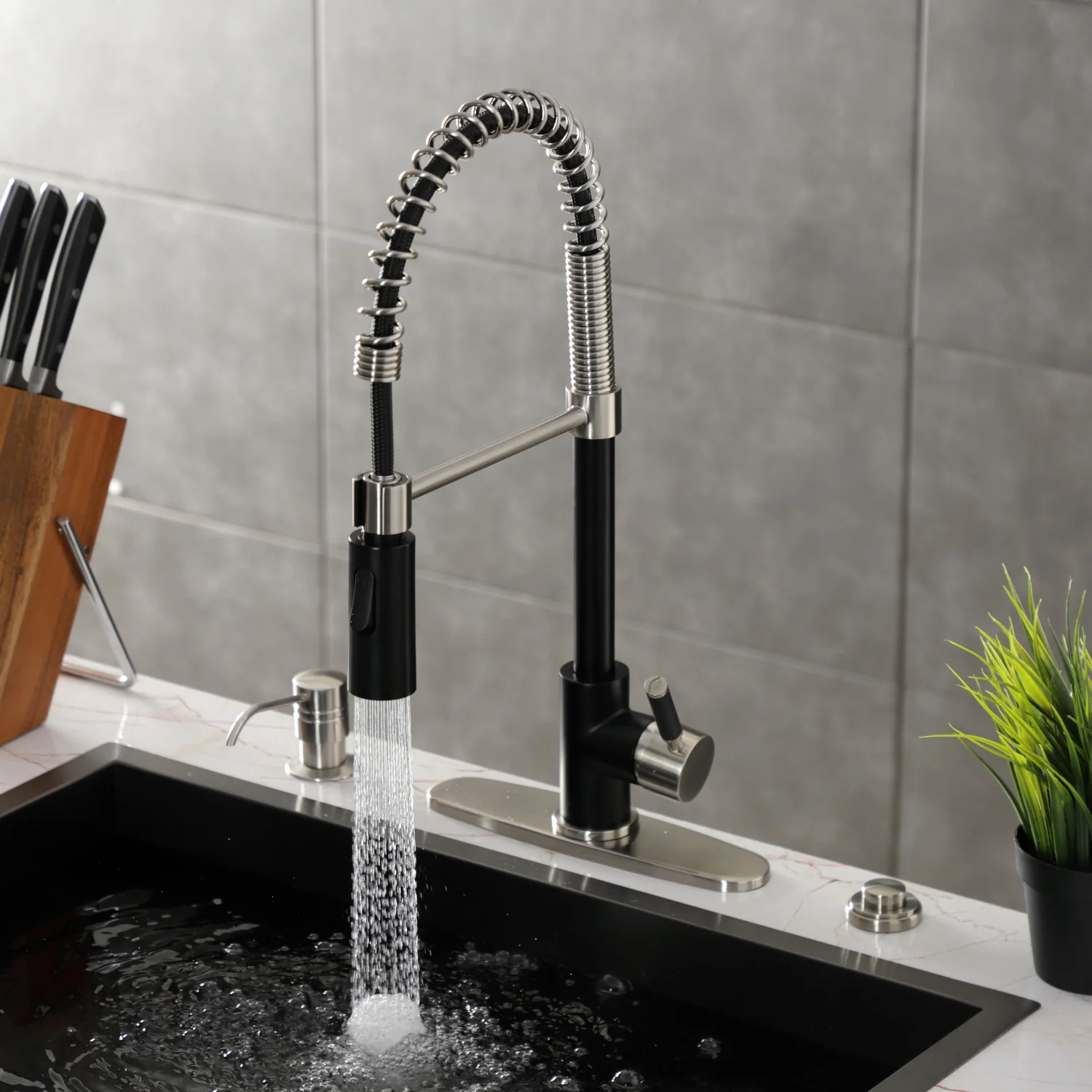 Kingston Sona LS8779DKL - Kaiser Single-Handle 1-Hole Deck Mount Pre-Rinse Kitchen Faucet, Matte Black/Brushed Nickel - Image 10