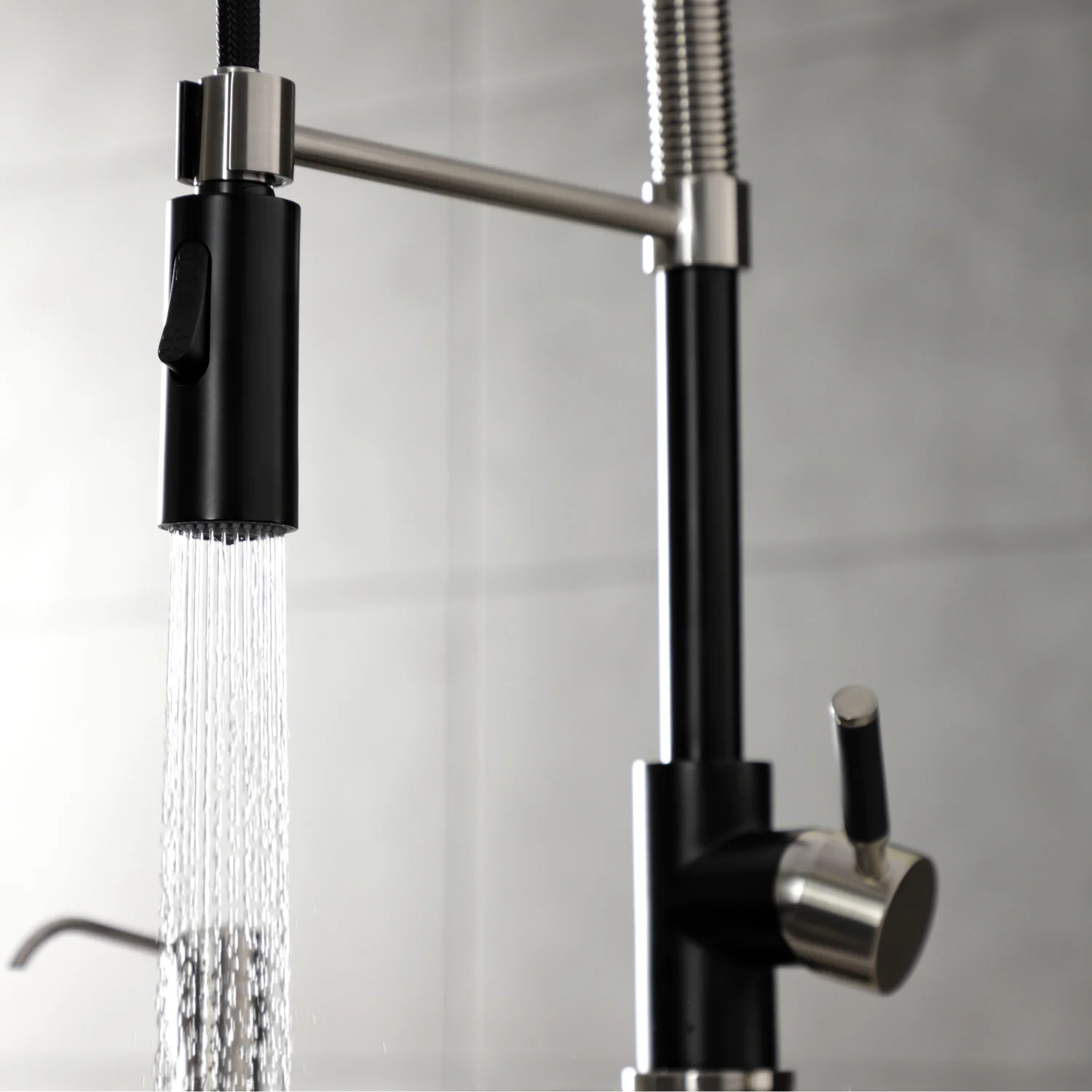 Kingston Sona LS8779DKL - Kaiser Single-Handle 1-Hole Deck Mount Pre-Rinse Kitchen Faucet, Matte Black/Brushed Nickel - Image 11