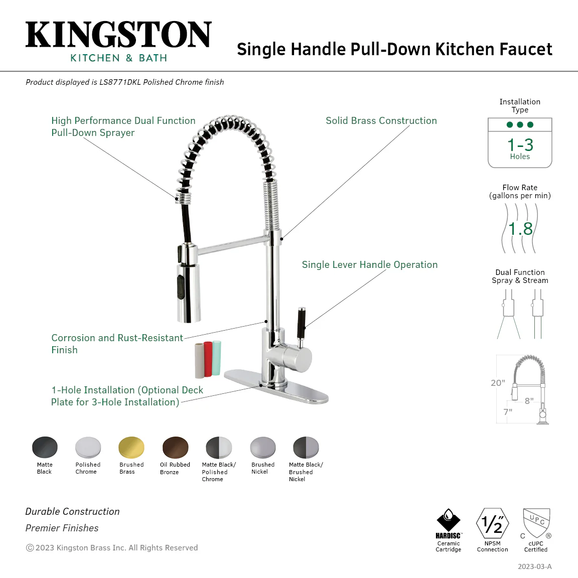 Kingston Sona LS8779DKL - Kaiser Single-Handle 1-Hole Deck Mount Pre-Rinse Kitchen Faucet, Matte Black/Brushed Nickel - Image 12