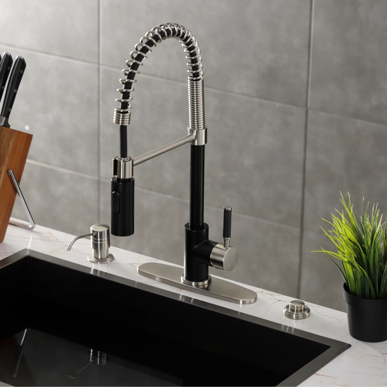 Kingston Sona LS8779DKL - Kaiser Single-Handle 1-Hole Deck Mount Pre-Rinse Kitchen Faucet, Matte Black/Brushed Nickel - Image 2