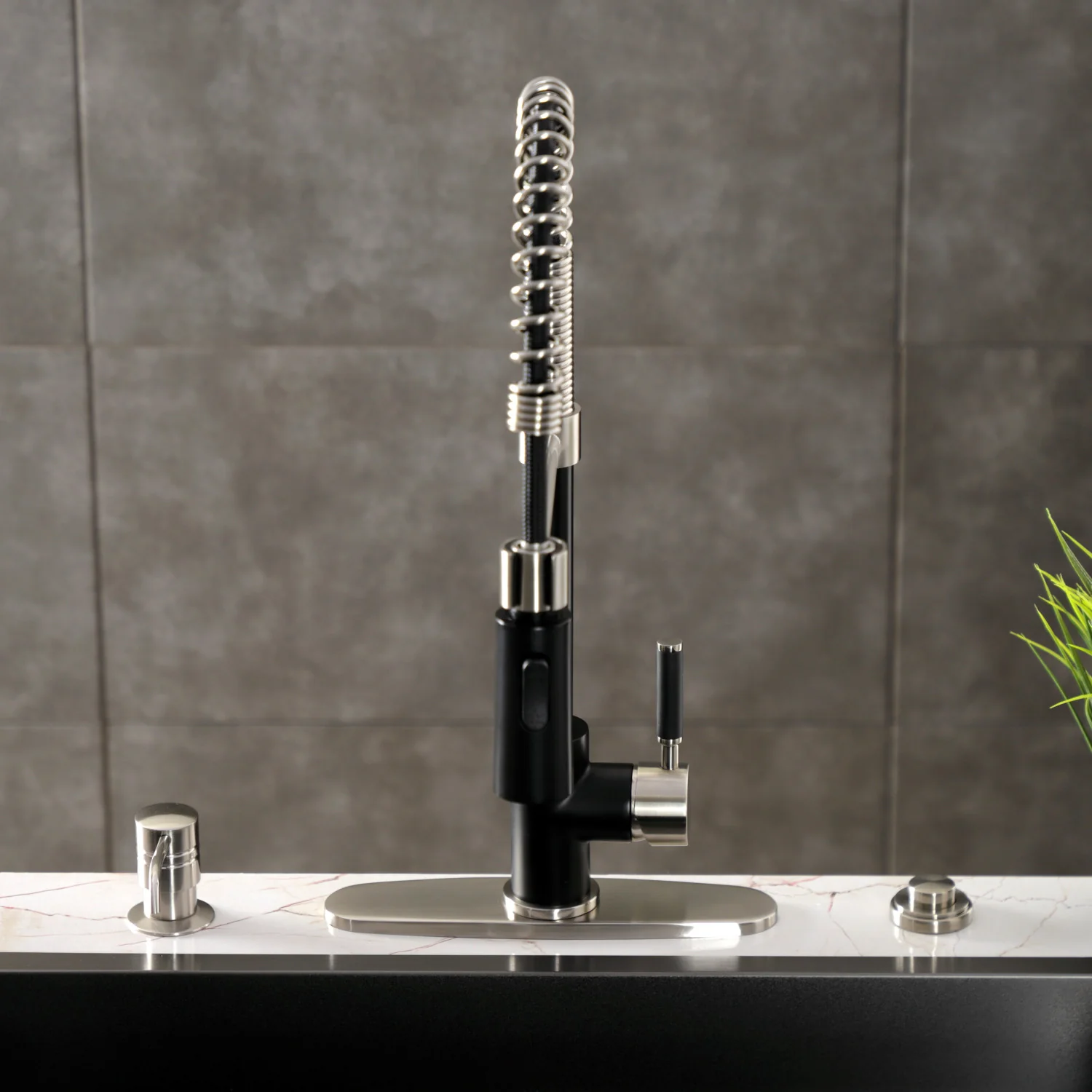 Kingston Sona LS8779DKL - Kaiser Single-Handle 1-Hole Deck Mount Pre-Rinse Kitchen Faucet, Matte Black/Brushed Nickel - Image 3