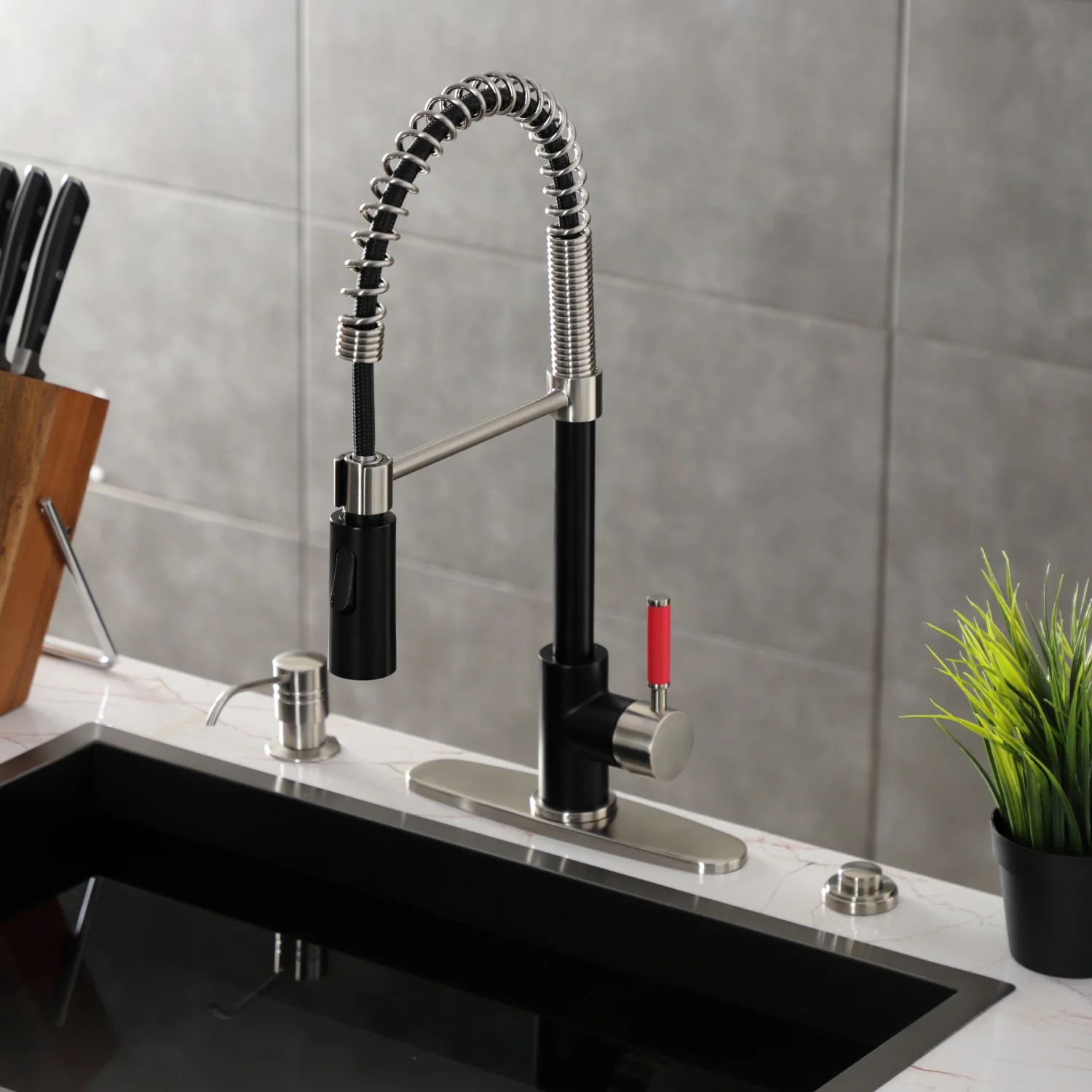 Kingston Sona LS8779DKL - Kaiser Single-Handle 1-Hole Deck Mount Pre-Rinse Kitchen Faucet, Matte Black/Brushed Nickel - Image 6