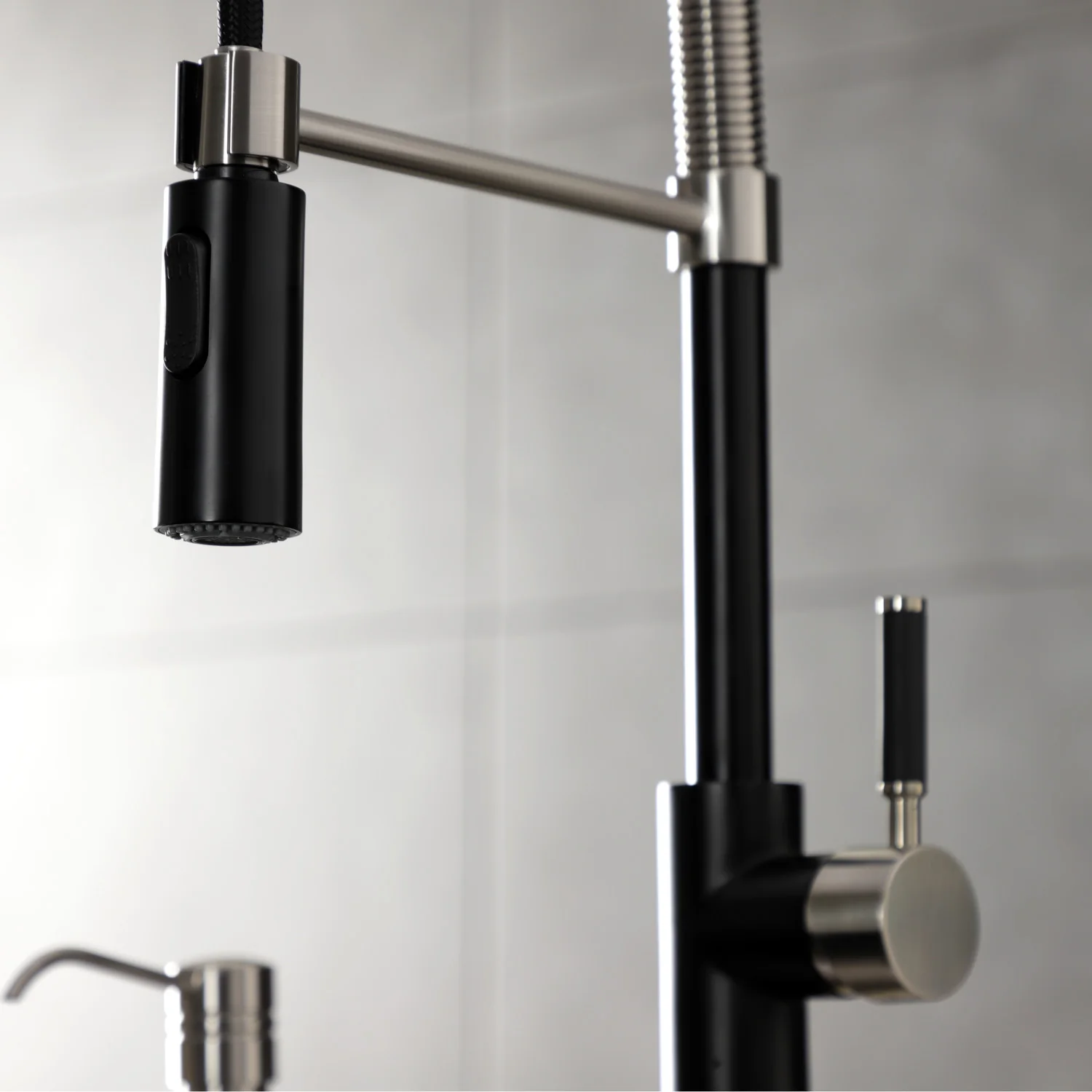 Kingston Sona LS8779DKL - Kaiser Single-Handle 1-Hole Deck Mount Pre-Rinse Kitchen Faucet, Matte Black/Brushed Nickel - Image 7
