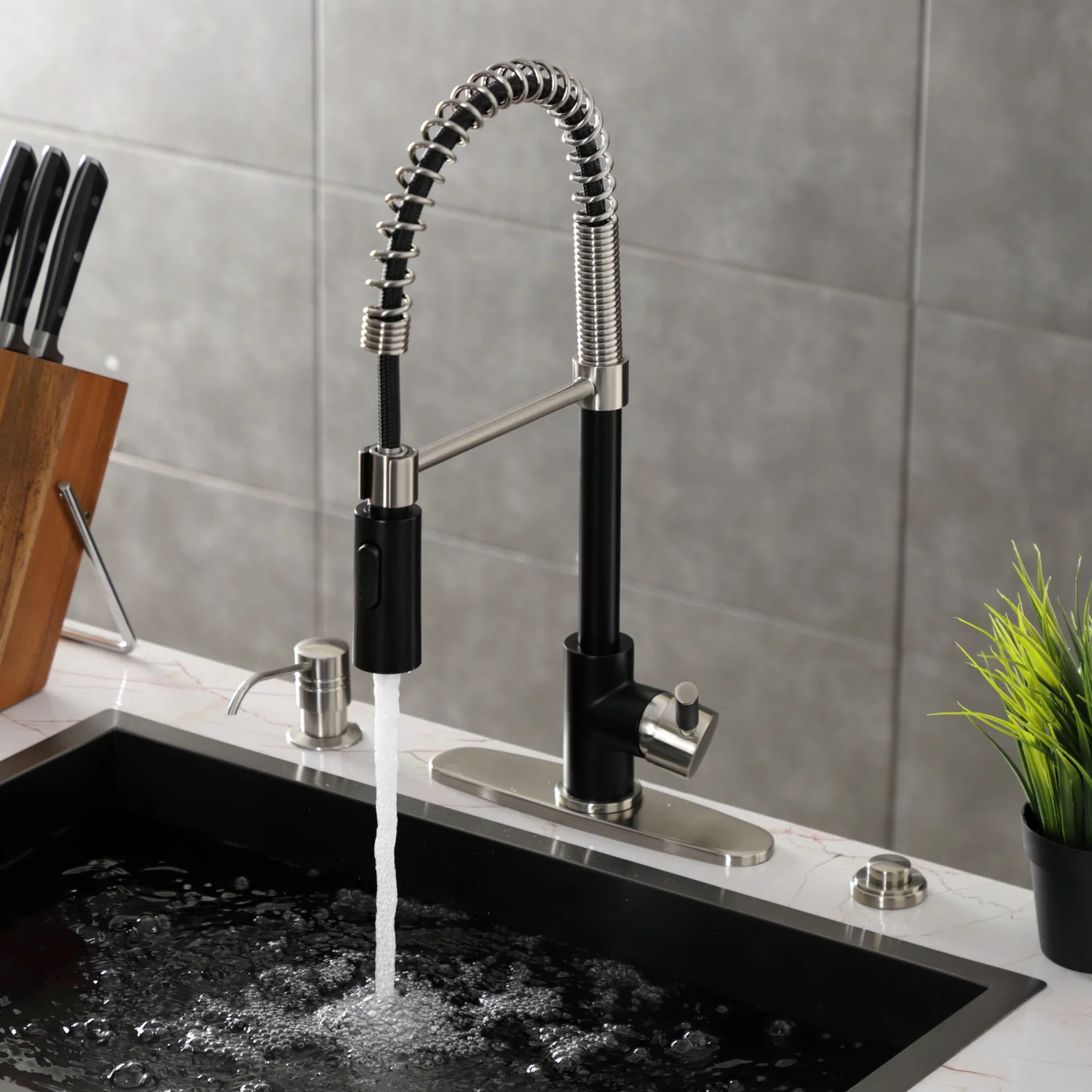 Kingston Sona LS8779DKL - Kaiser Single-Handle 1-Hole Deck Mount Pre-Rinse Kitchen Faucet, Matte Black/Brushed Nickel - Image 8