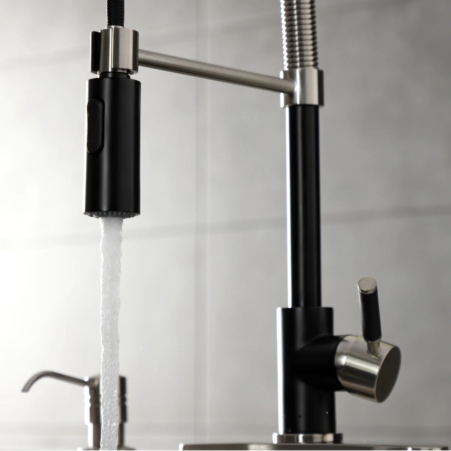 Kingston Sona LS8779DKL - Kaiser Single-Handle 1-Hole Deck Mount Pre-Rinse Kitchen Faucet, Matte Black/Brushed Nickel - Image 9