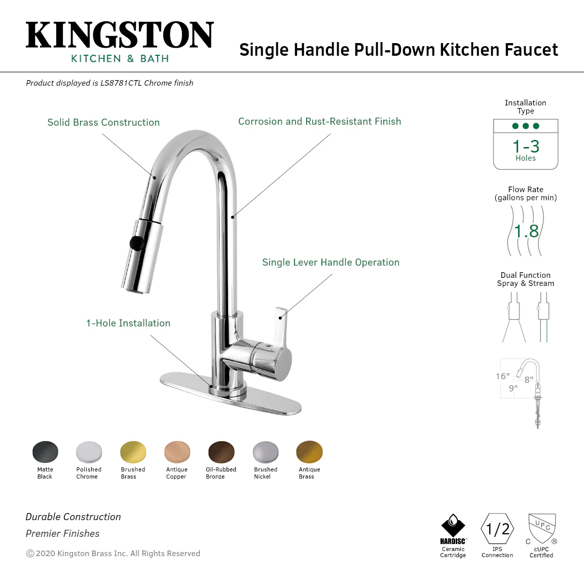 Kingston Sona LS8785CTL - Continental Single-Handle Pull-Down Kitchen Faucet, Oil Rubbed Bronze - Image 9